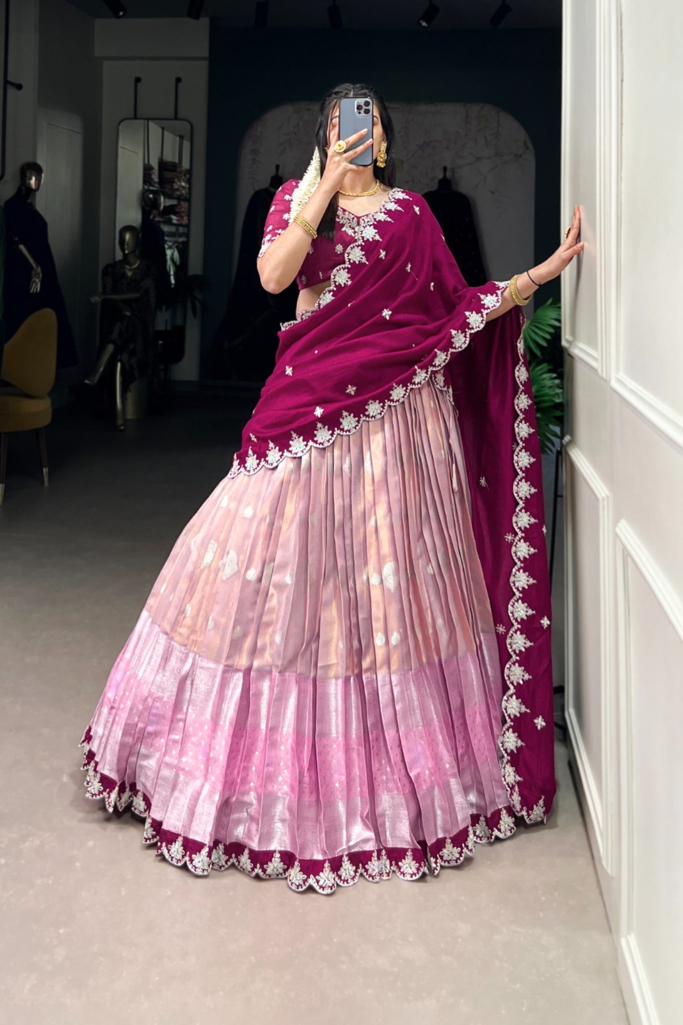 Zari Kota Lehenga Set With Embroidered Vichitra Silk Dupatta & Banglory Blouse