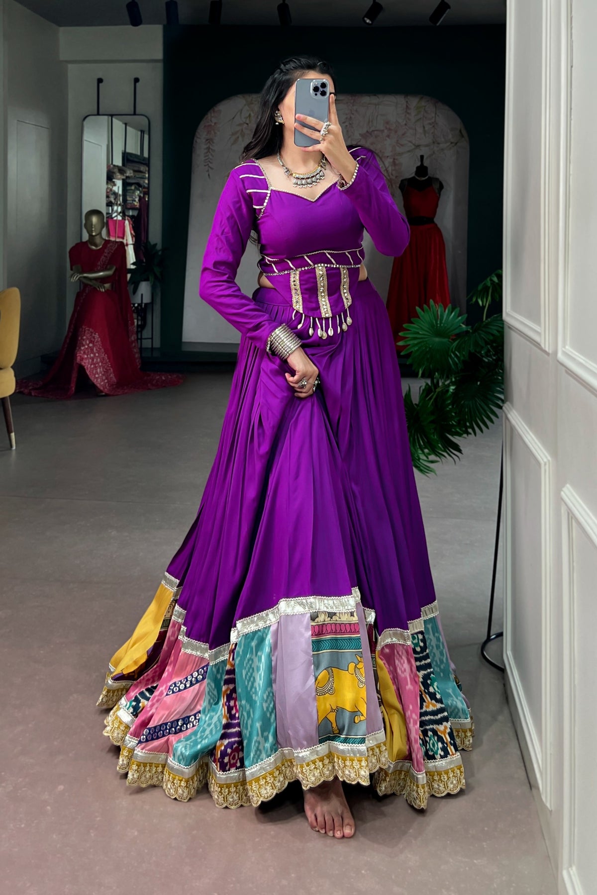 Purple Rayon Navratri Designer Multicolor Patchwork Lehenga Choli