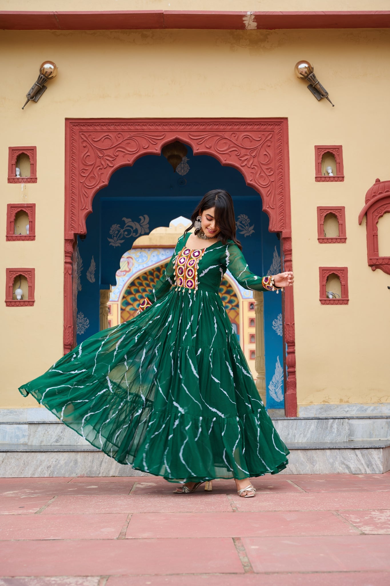 Stunning Laheriya Print With Kutchi Patch Work Georgette Stylish Navratri Gown