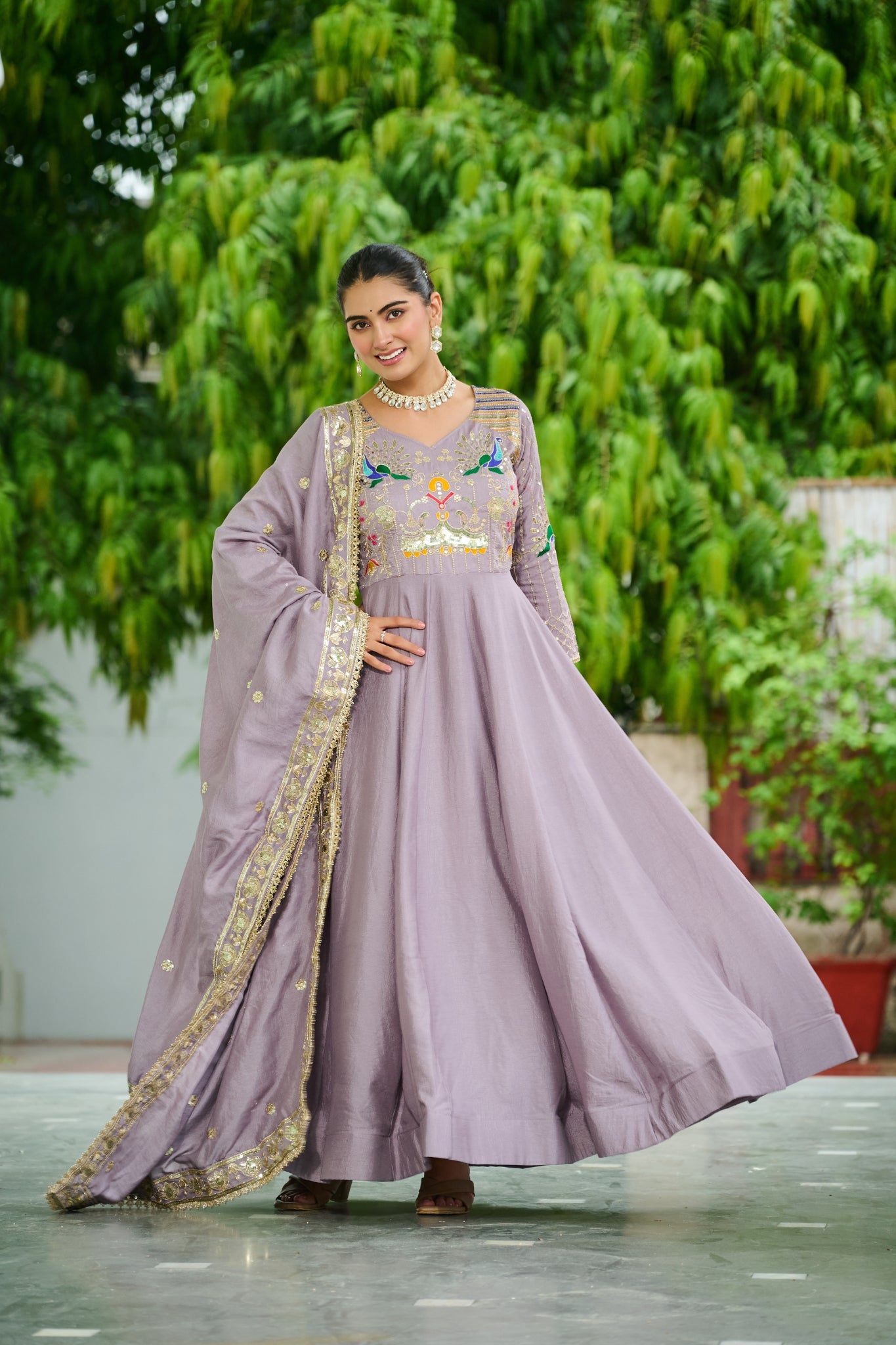 Premium Vichitra Silk Embroidered Gown With Sequins And Zari Work
