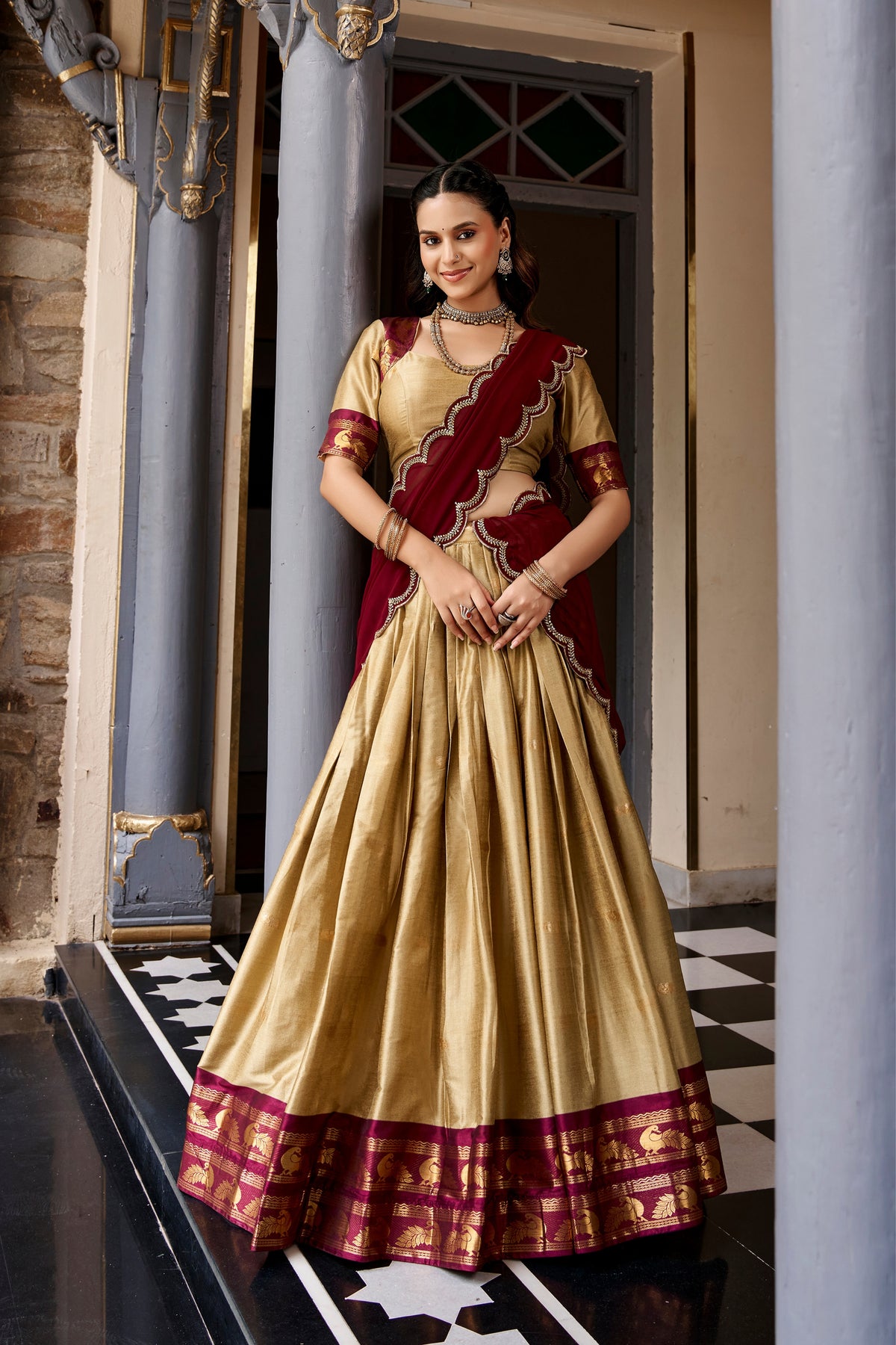 Buy South Indian Cotton Silk Lehenga Choli With Zari Woven Border