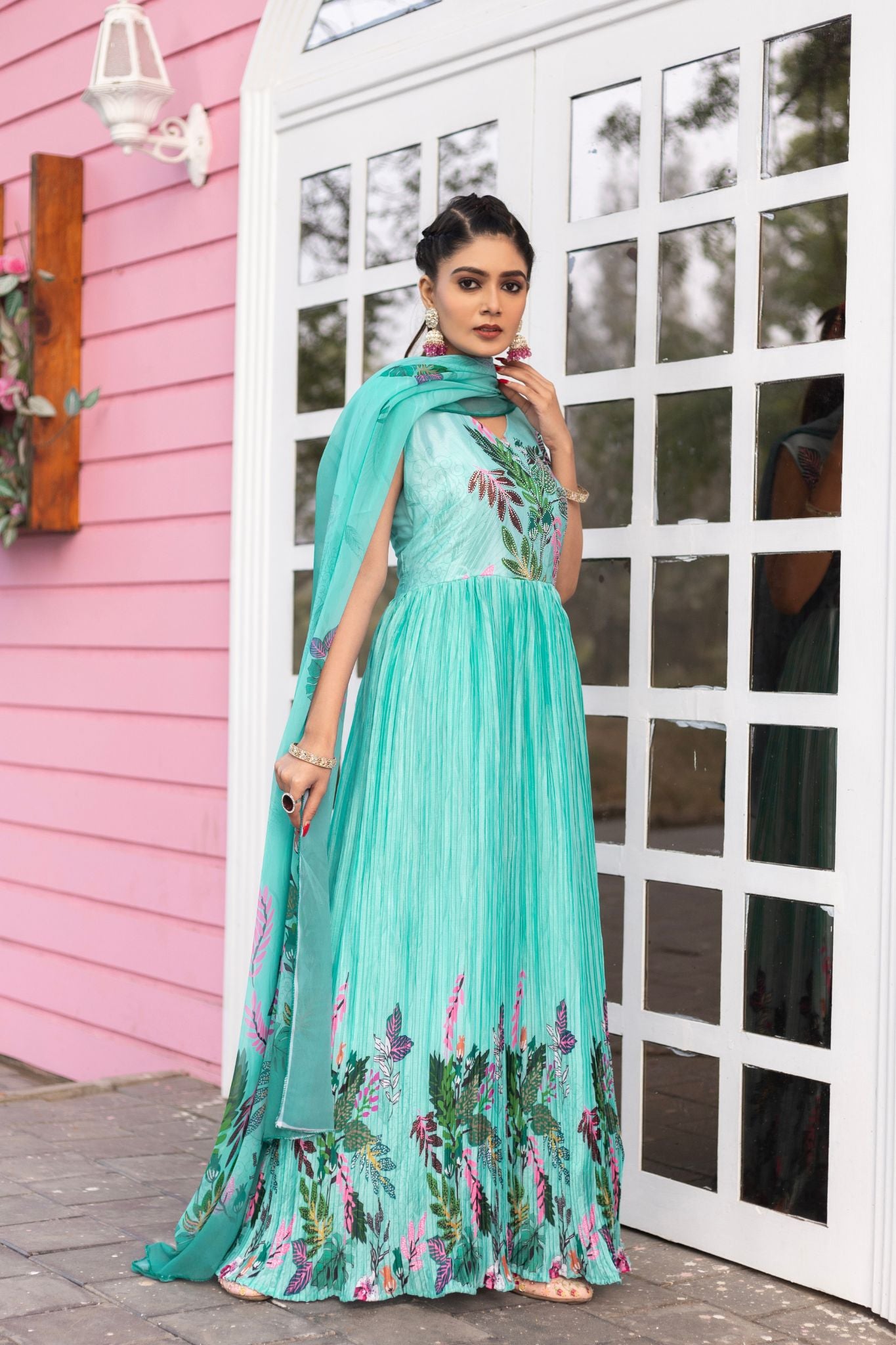 Stunning Printed Chinon Gown With Dupatta Set