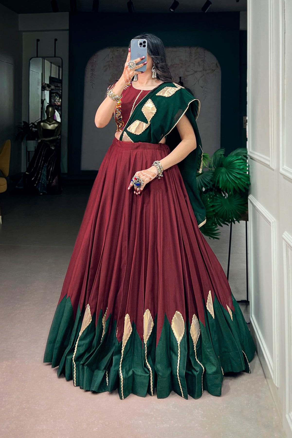 Navratri Special Designer Maroon-Green Traditional Lehenga Choli