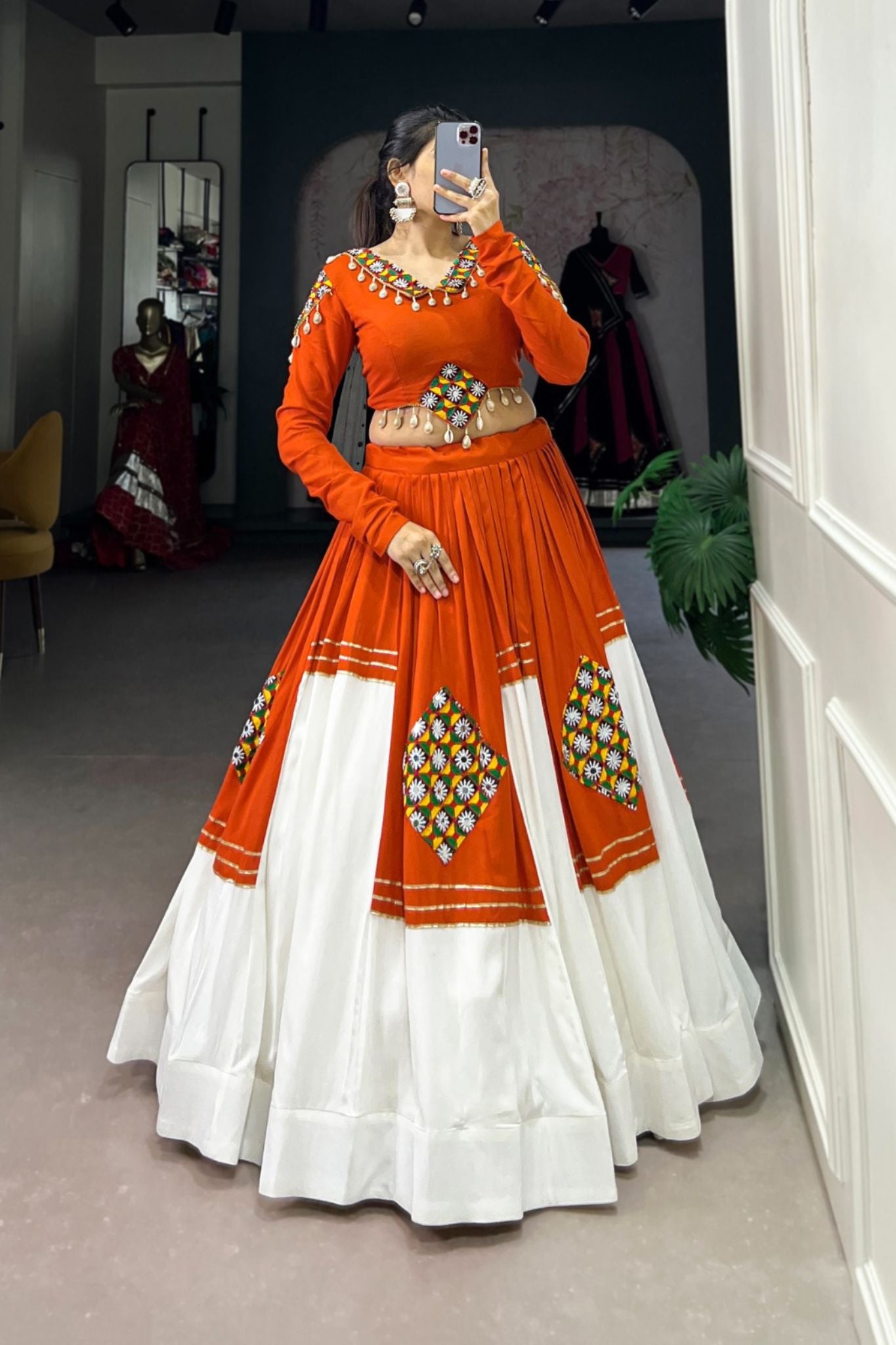 Orange Pure Rayon Gamthi Work Navratri Lehenga Choli