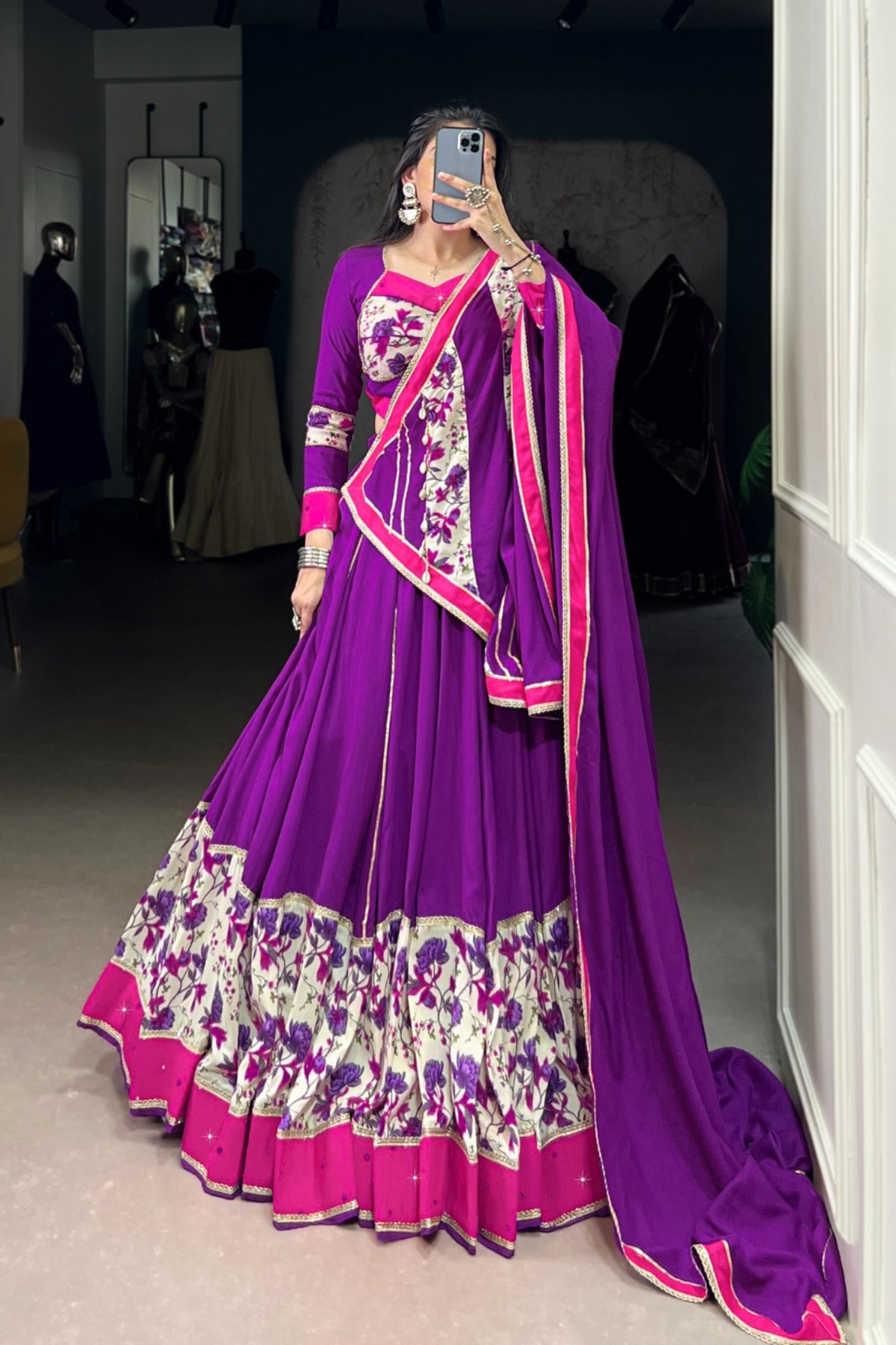 Purple Pure Rayon Printed With Original Mirror Hand Work Navratri Lehenga Choli