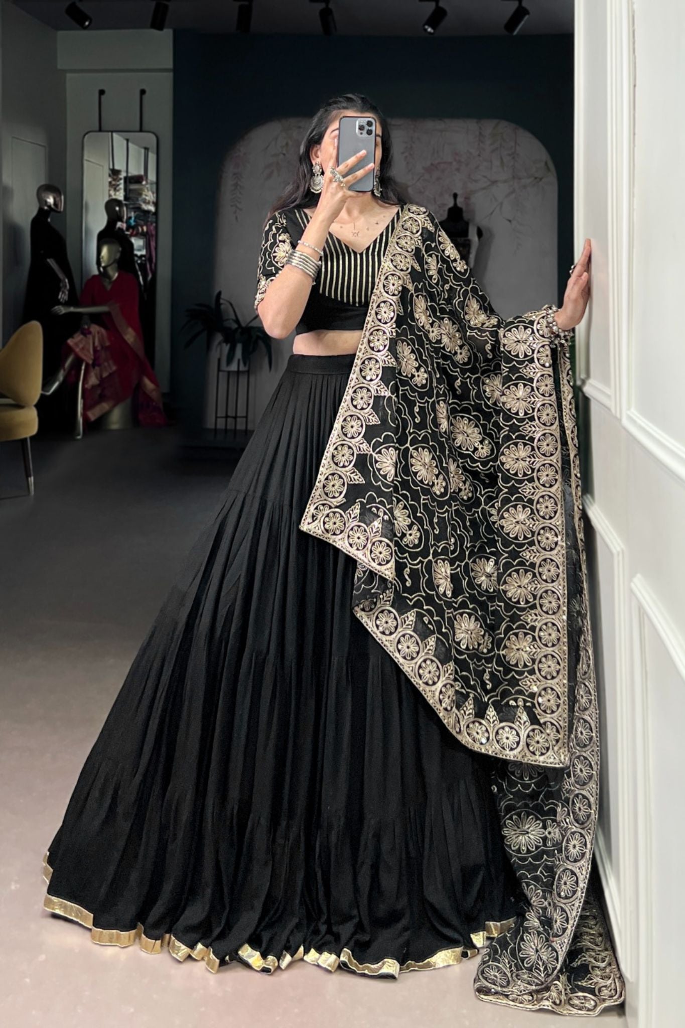 Black Embossed Designer Beautiful Full Flair Navratri Lehenga Choli