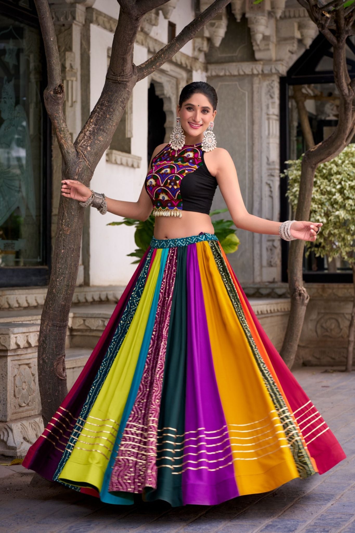 Rainbow Designer Pre Rayon Original Mirror With Gamthi Work Navratri Lehenga Choli