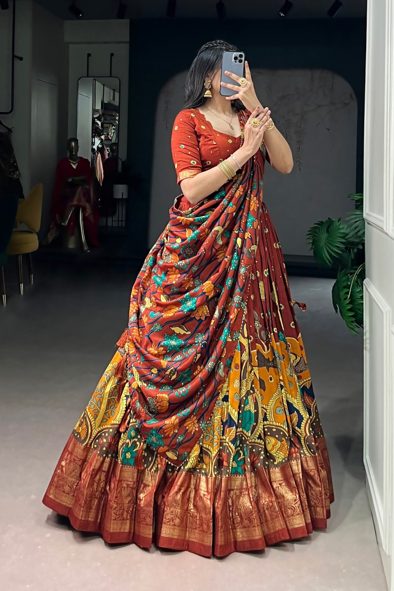 Kalamkari Print With Foil Work Lehenga Choli
