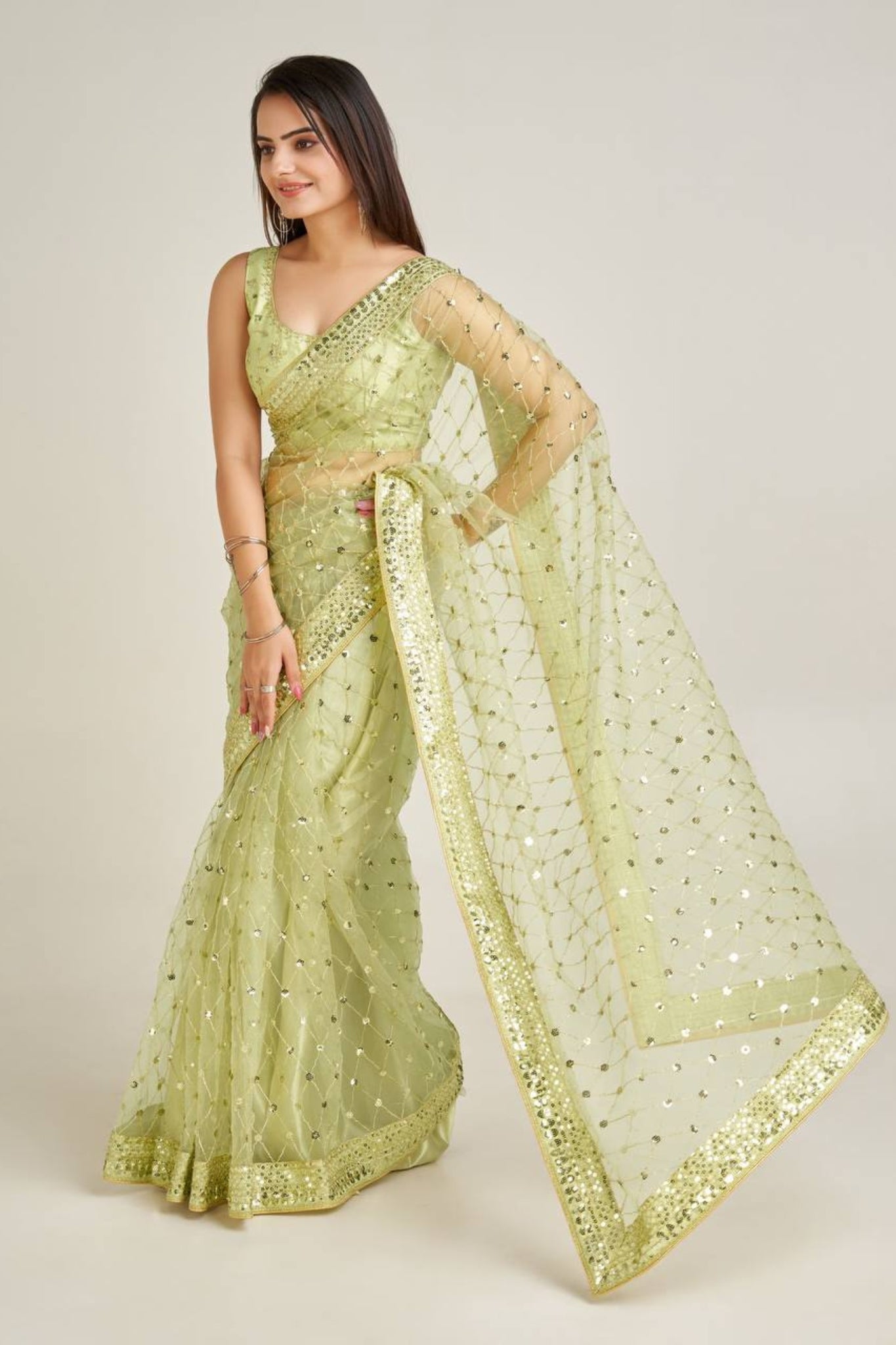 Designer Net Saree With Sequins And Dori Embroidery Work