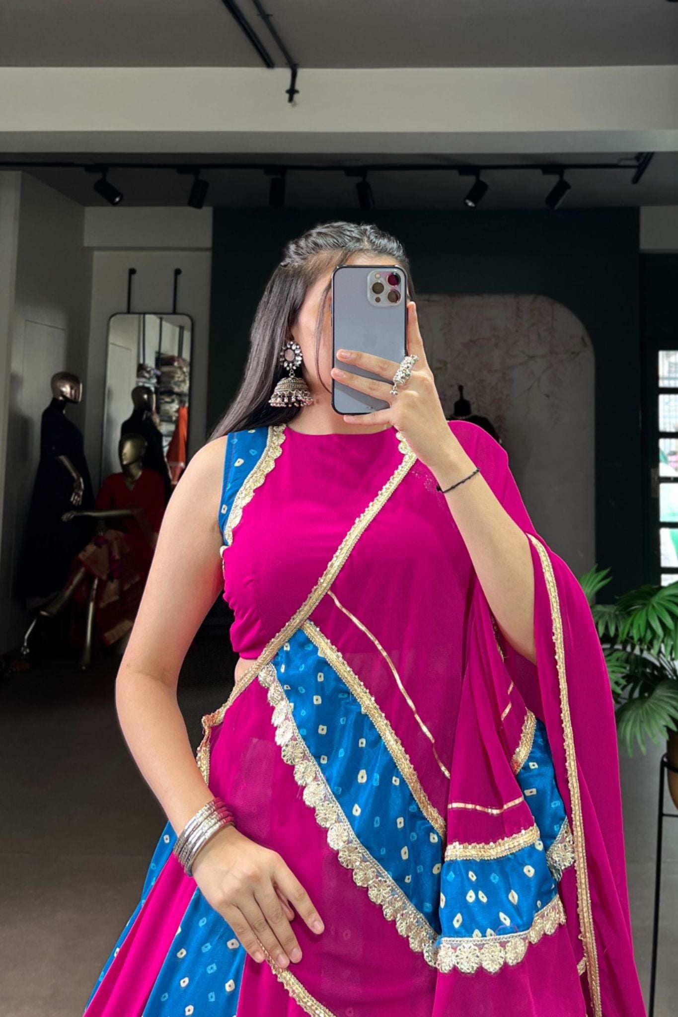 Pink And Blue Designer Bandhej Print Beautiful Lehenga Choli