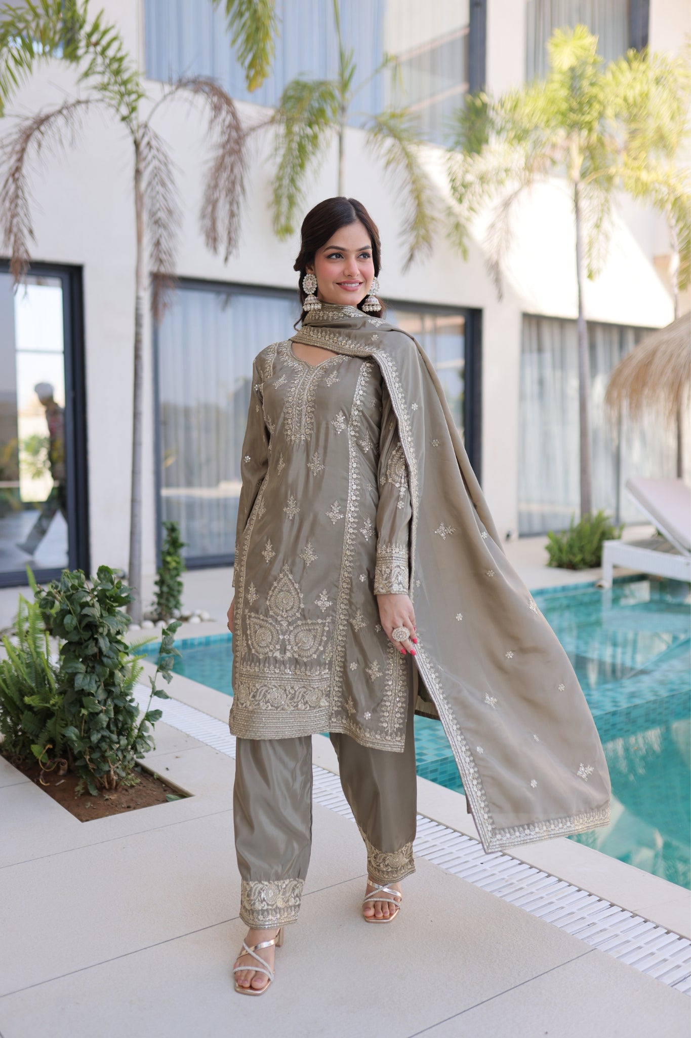 Luxury Ho Silk Designer Multi With Thread Embroidery Suit Set