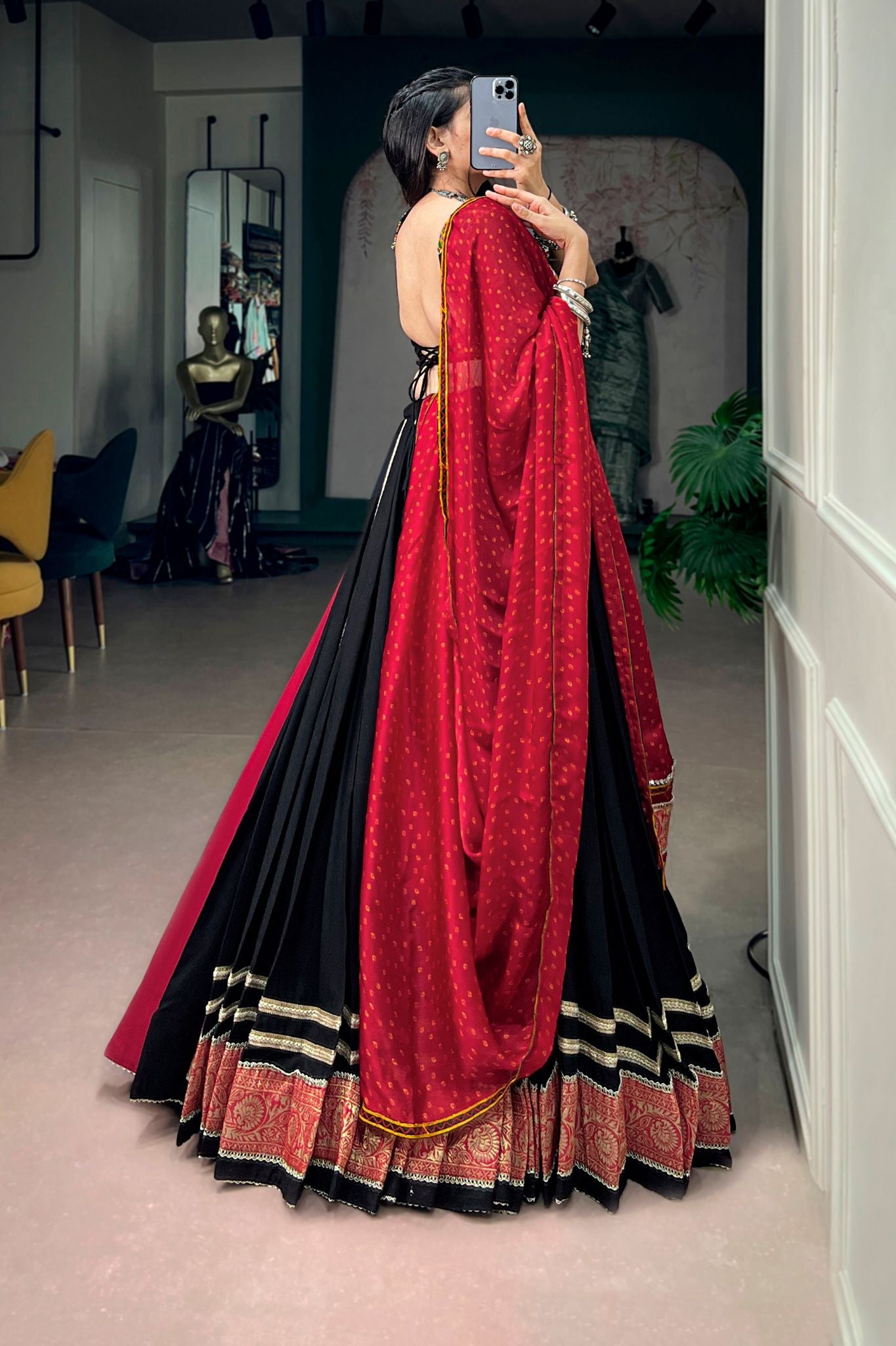 Raasrang Navratri Designer Black Lehenga Choli with Kutchi Embroidery & Bandhani Dupatta