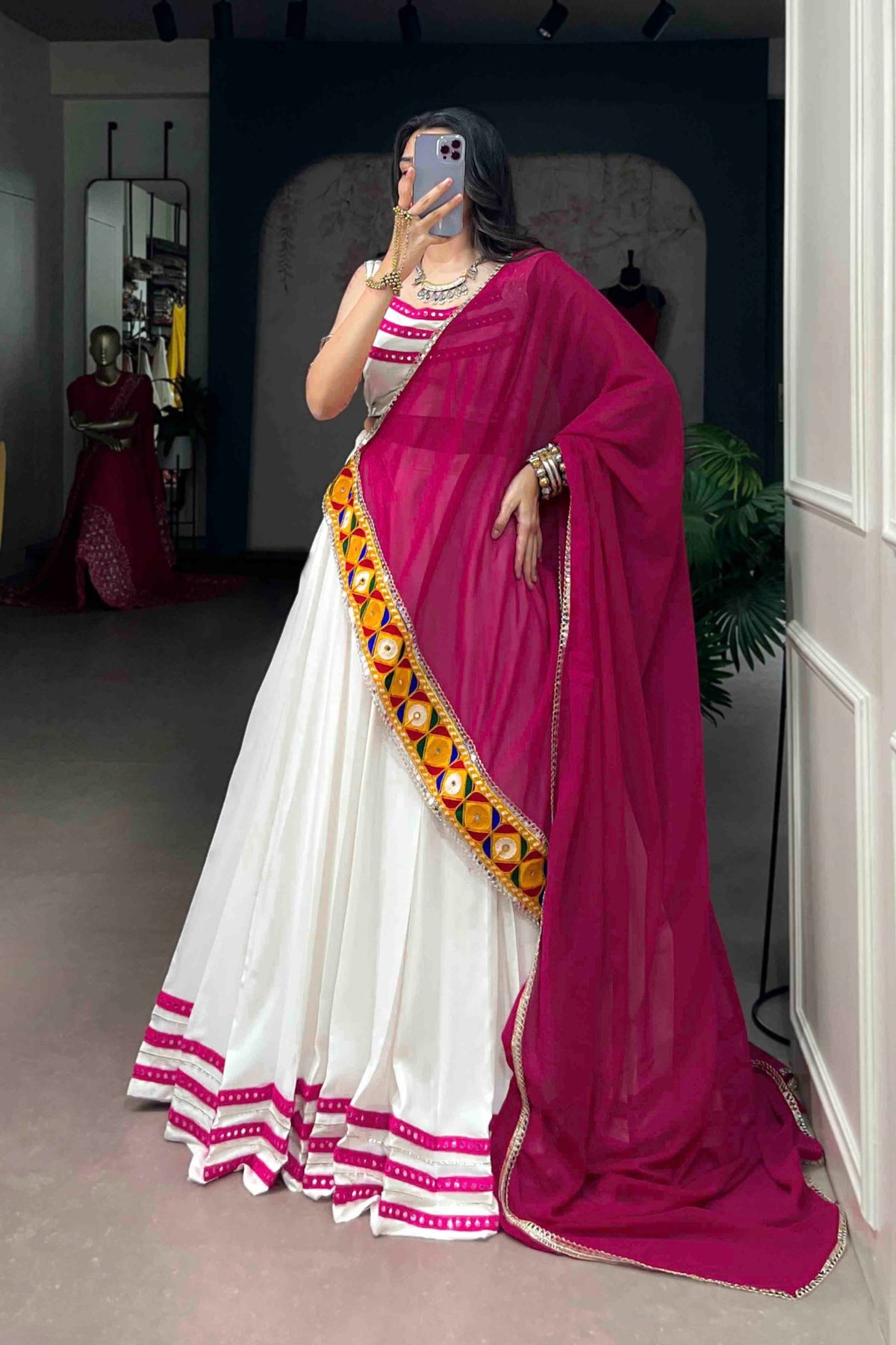 Rayon Navratri Designer White & Rani Pink Gamthi Lace Mirror Work Lehenga Choli With Dupatta