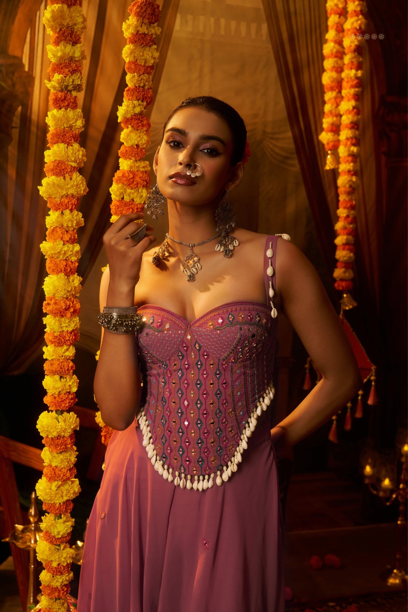 Pink Georgette Designer Festive Set With Mirror And Shell Handwork