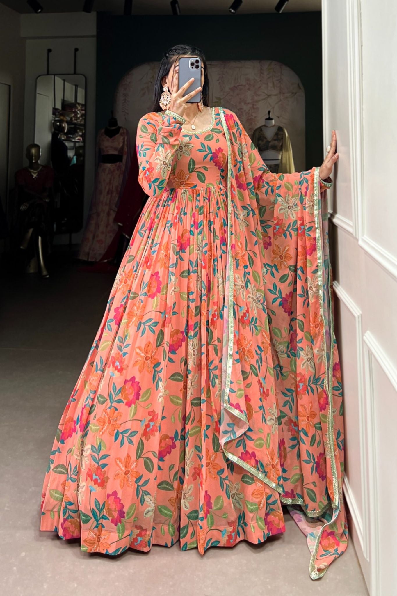 Georgette Floral Printed Peach Anarkali Set