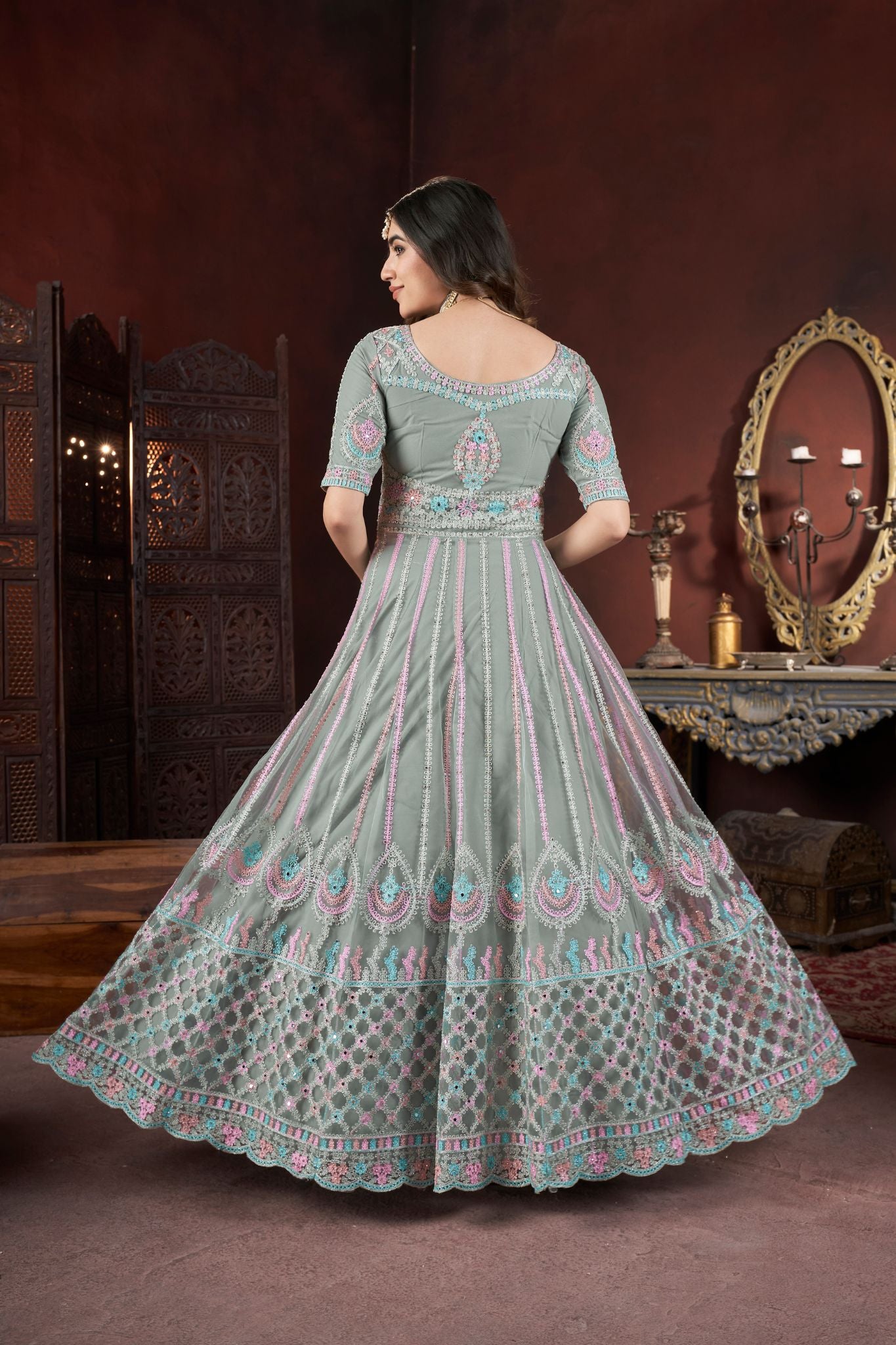 Pista Thread Embroidery With Zarkan And Mirror Work Elegance Gown