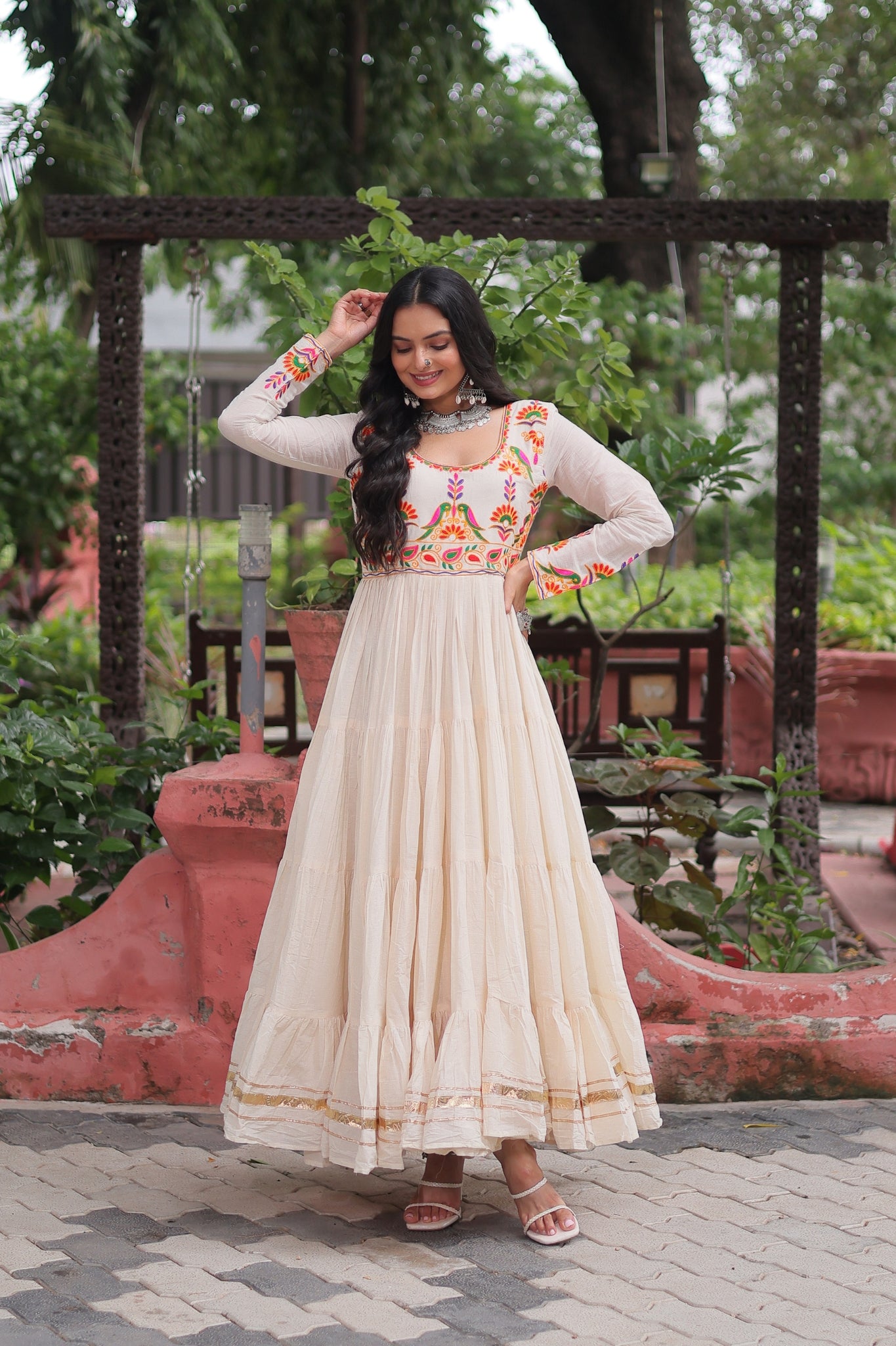 Off White Navratri Designer Multi Thread Embroidered With Gota Patti Work Cotton Gown