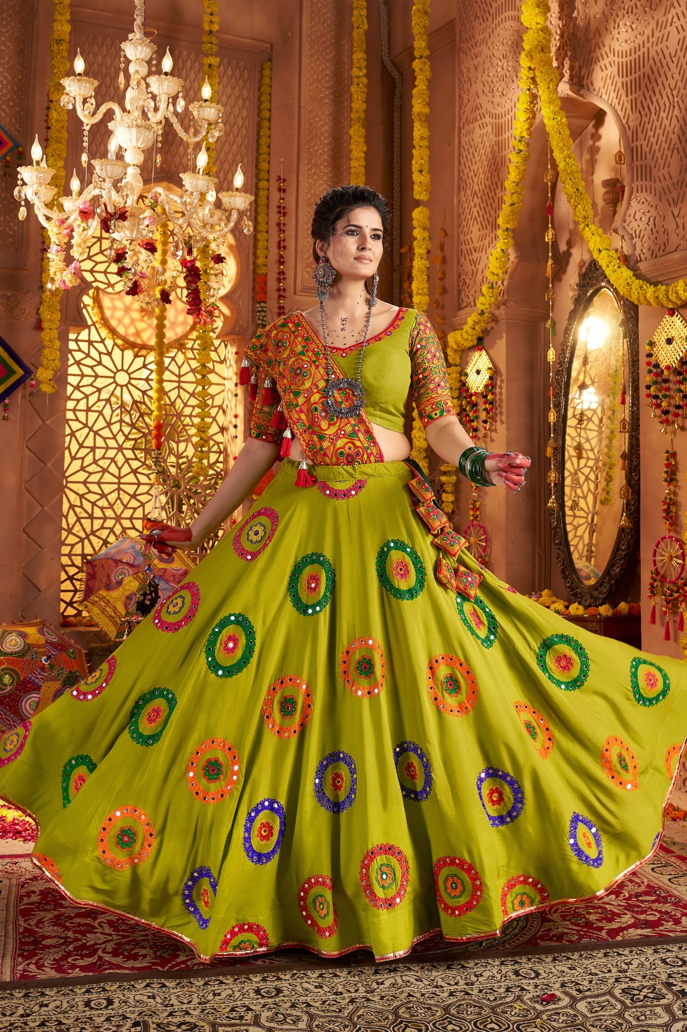 Viscose Cotton Elegant Thread Embroidered With Mirror Work Traditional Navratri Lehenga Choli