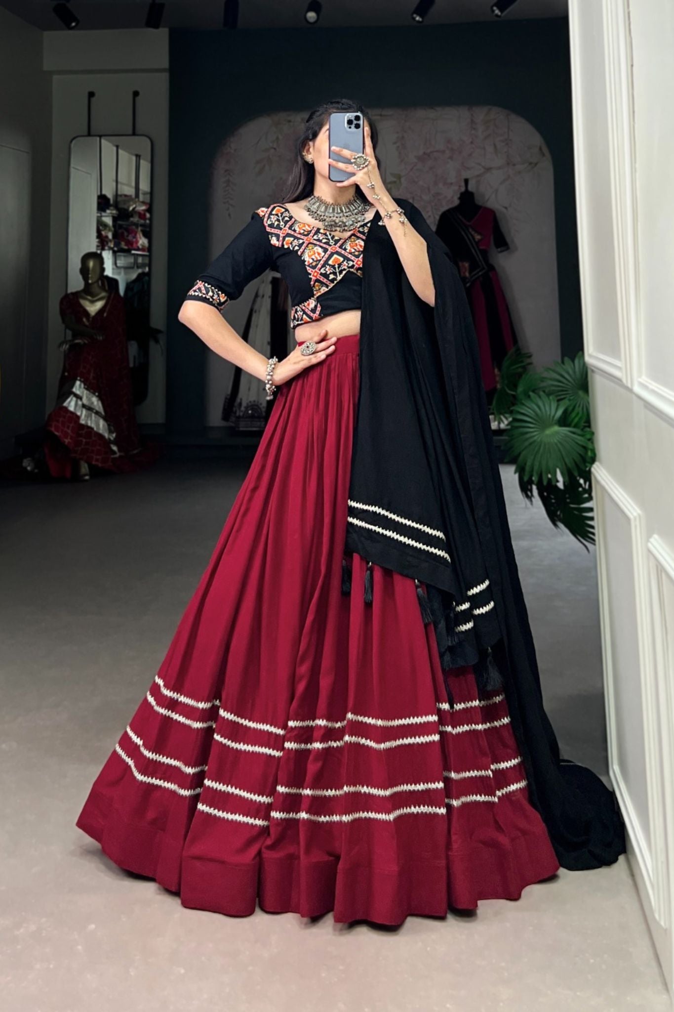 Maroon Plain With Patola Print Pure Rayon Navratri Lehenga Choli