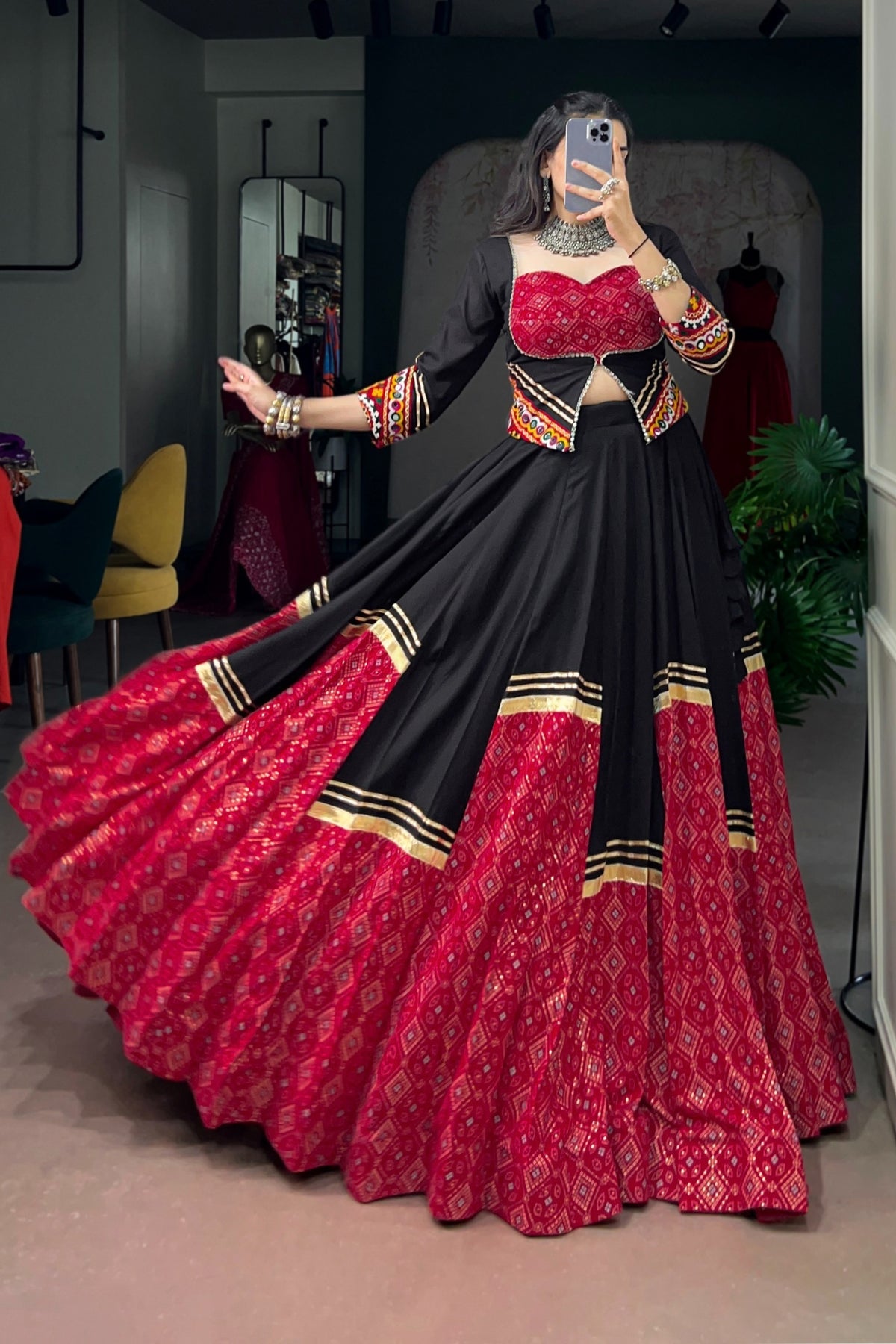 Rayon Navratri Bandhej Print Designer Gamthi Work Lehenga Choli