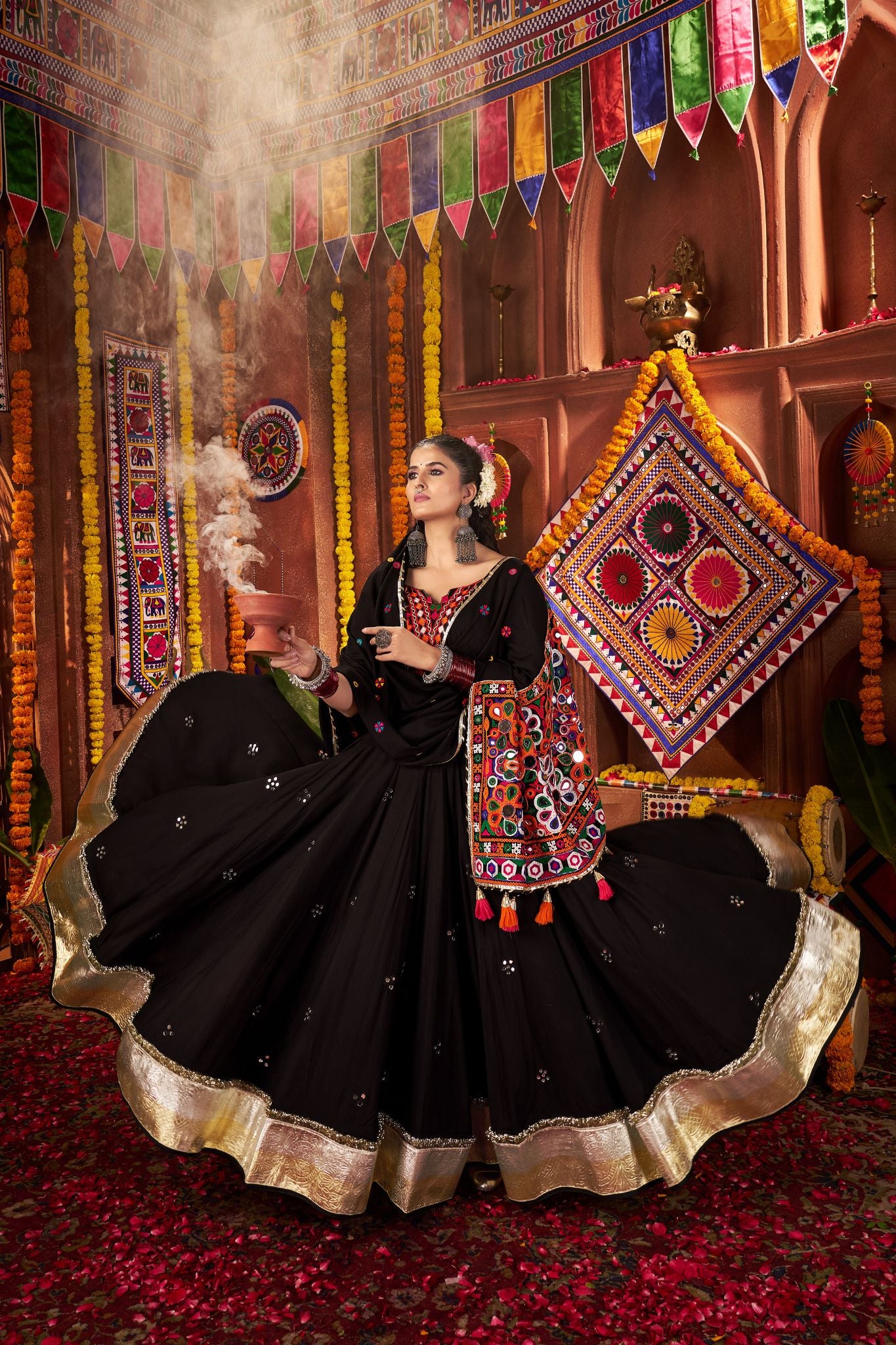 Black Thread With Mirror Hand Work Viscose Cotton Navratri Lehenga Choli