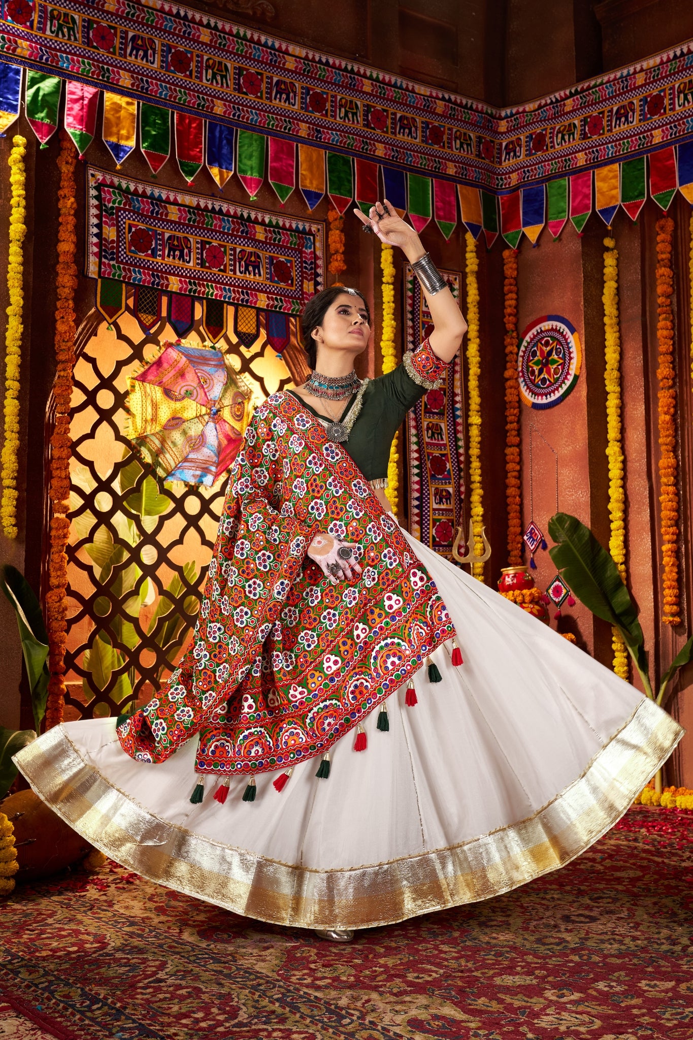 Beautiful White Designer Silk Navratri Special Lehenga Choli Set