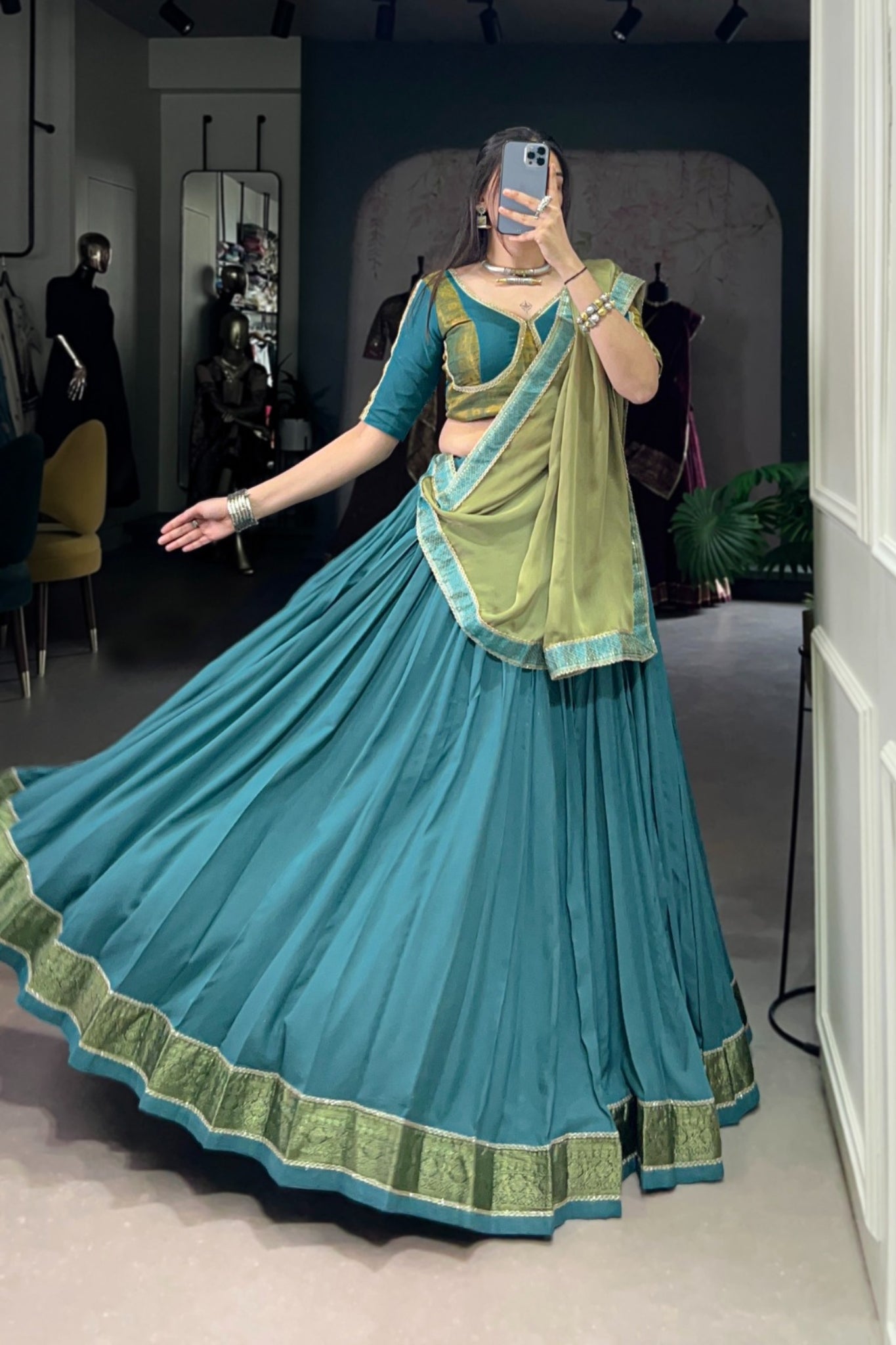 Teal Pure Rayon Designer Zari Weaving Work Navratri Lehenga Choli