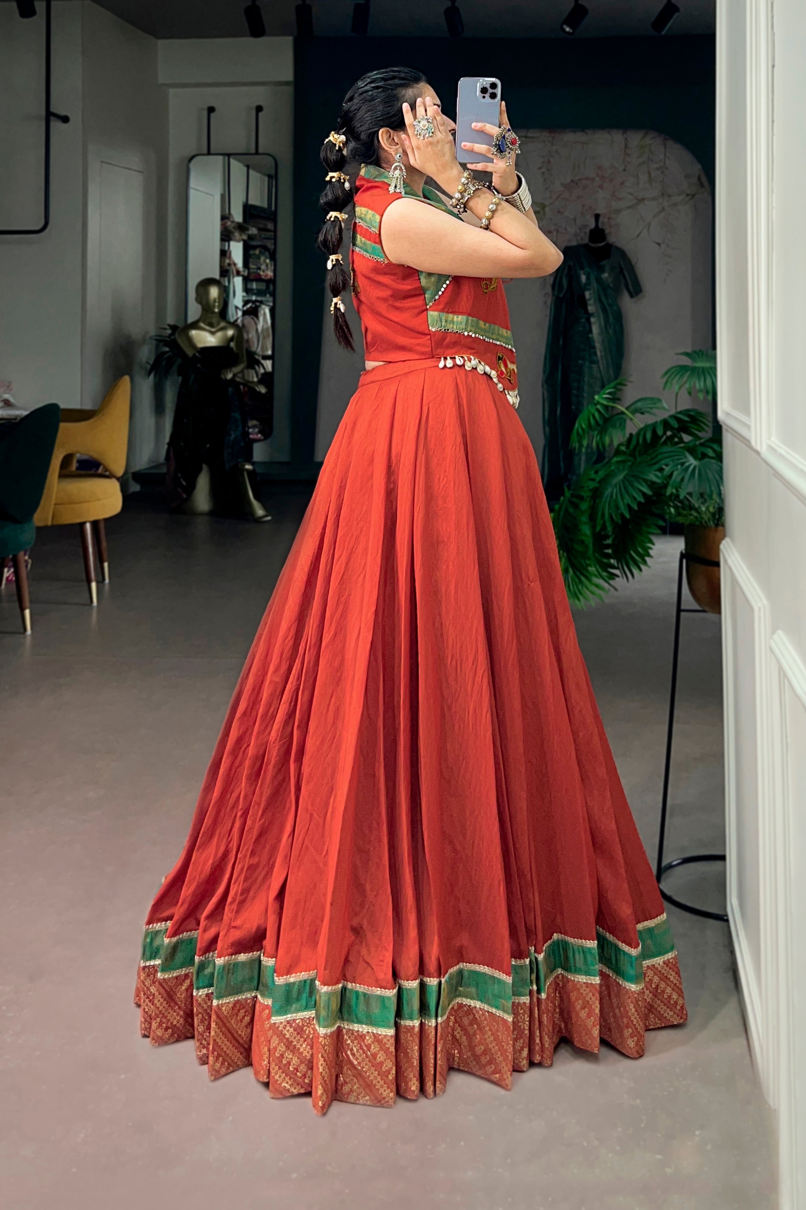 Raasrang Special Navratri Designer Pure Chanderi Rust Lehenga Choli