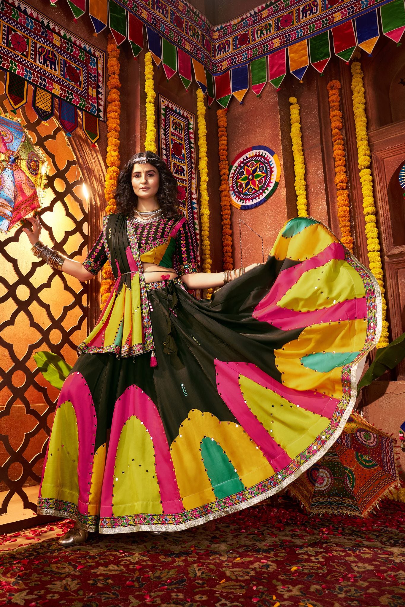 Designer Black Navratri Lehenga Choli Print With Mirror And Embroidery Work