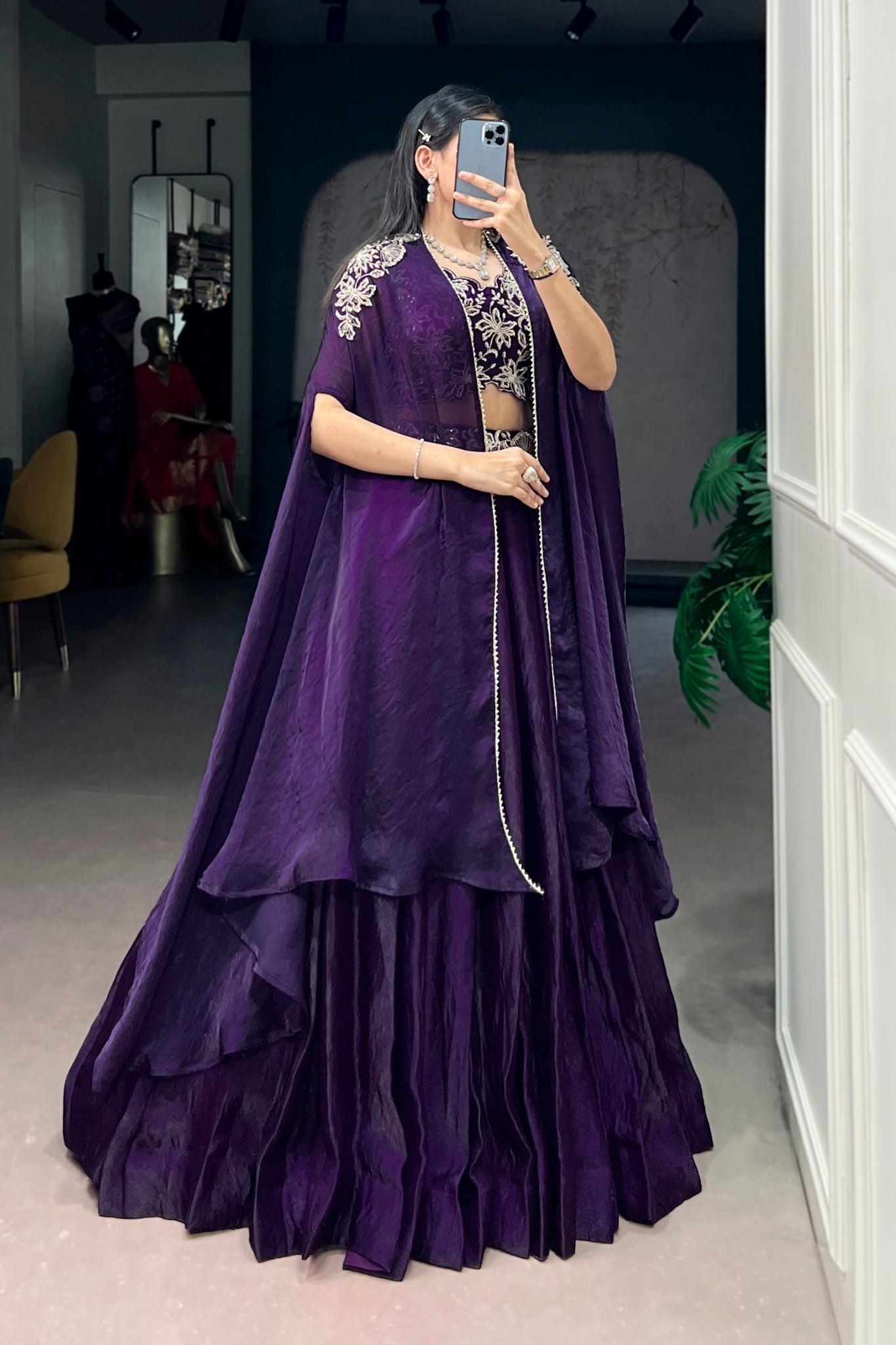 Premium Fendi Silk Lehenga Choli Set With Embroidered Shrug