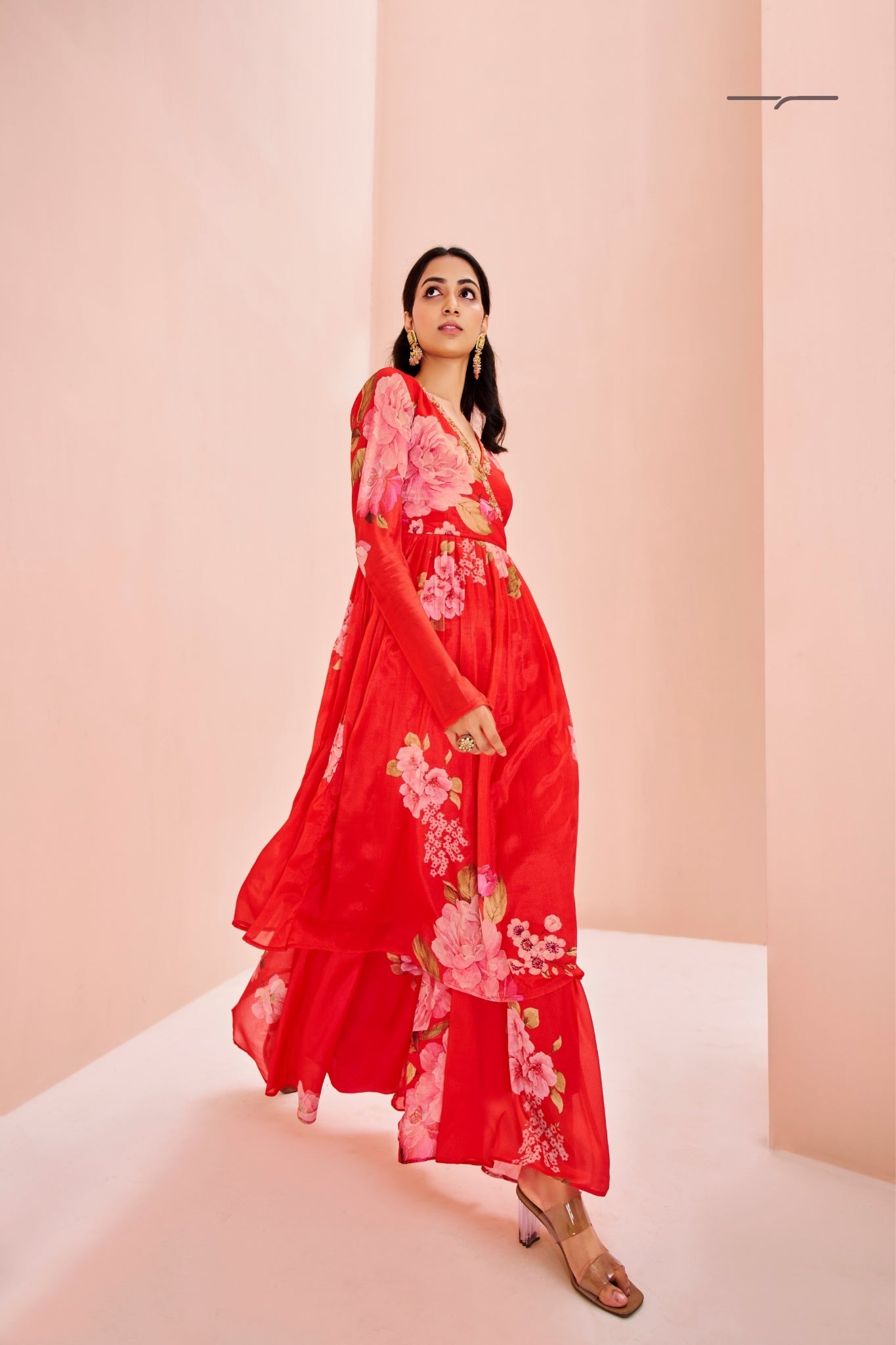Red Floral Chinon Kurta Set