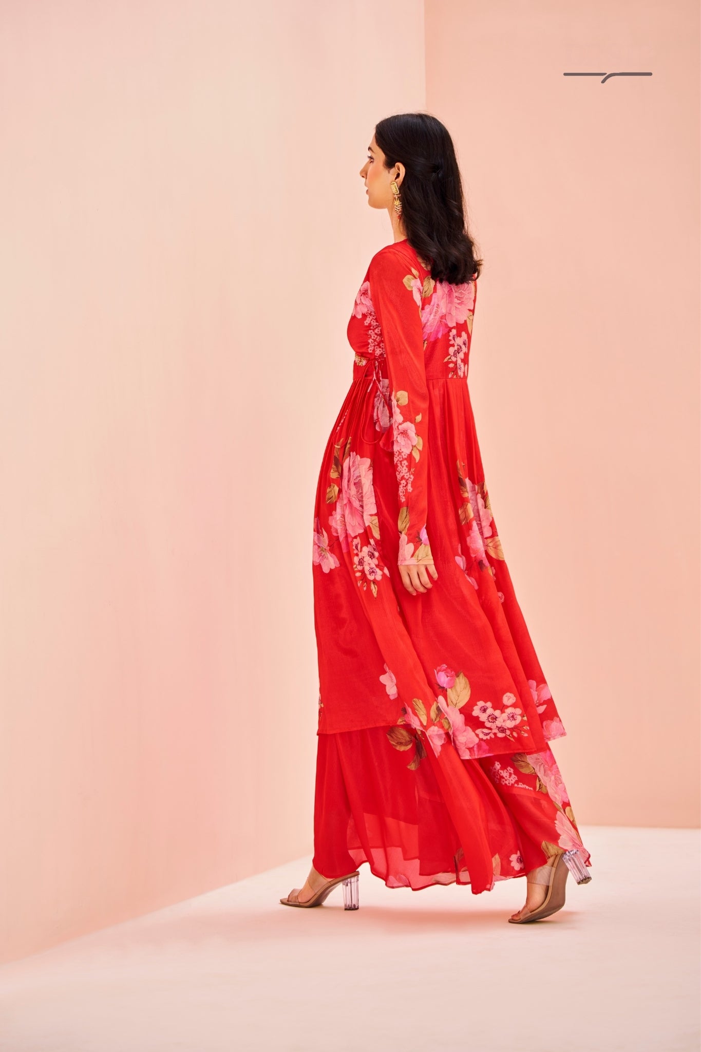 Red Floral Chinon Kurta Set