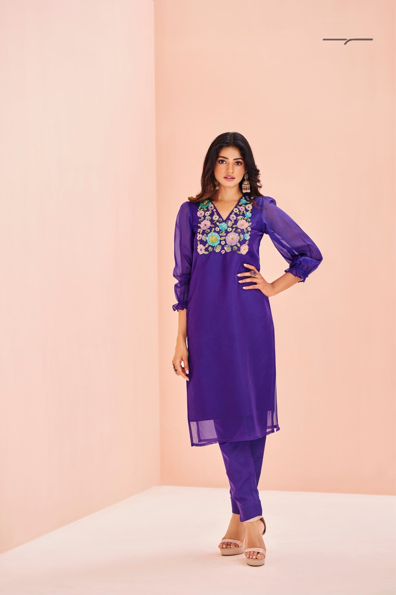 Purple Organza Handwork With Embroidered Kurta Set
