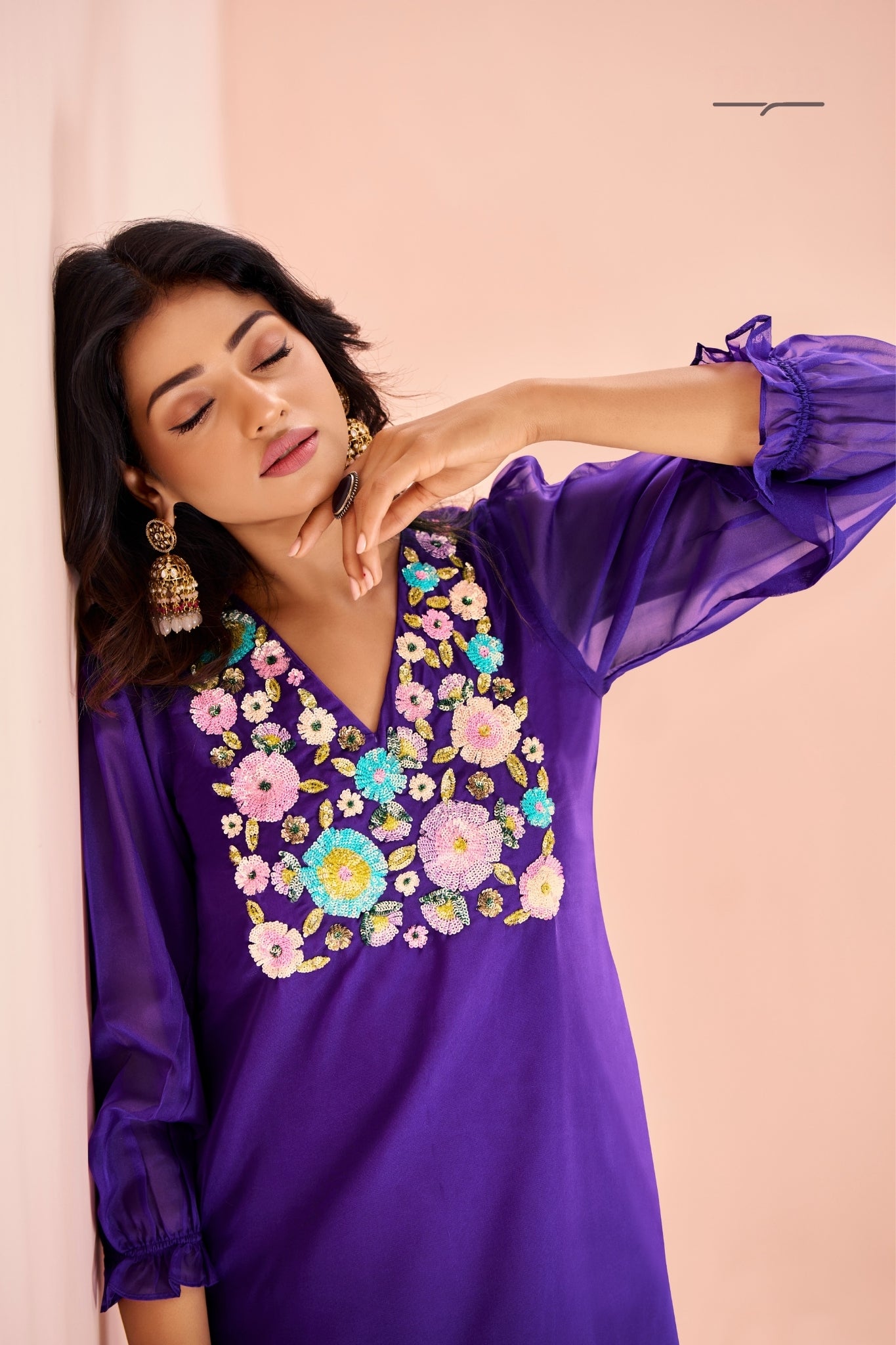 Purple Organza Handwork With Embroidered Kurta Set