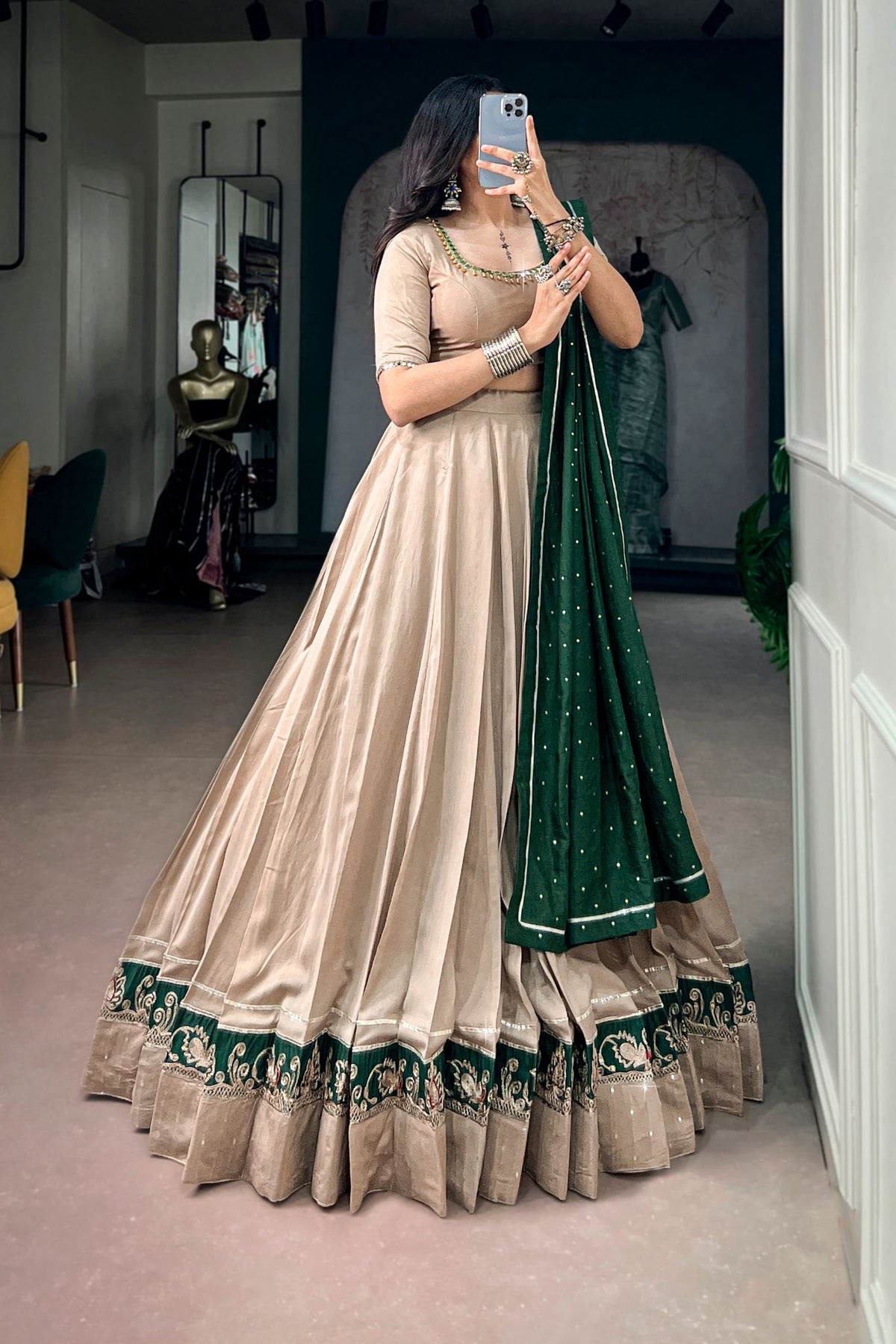 Raasrang Beige Chanderi Designer Navratri Lehenga Choli For Women