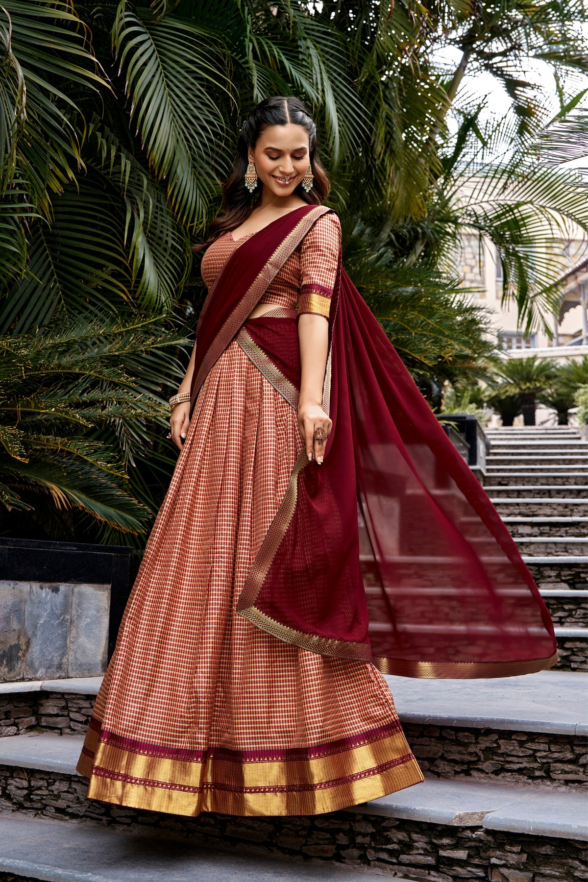 Maroon Kanchi Cotton Chex Designer Festive Wear Lehenga Choli