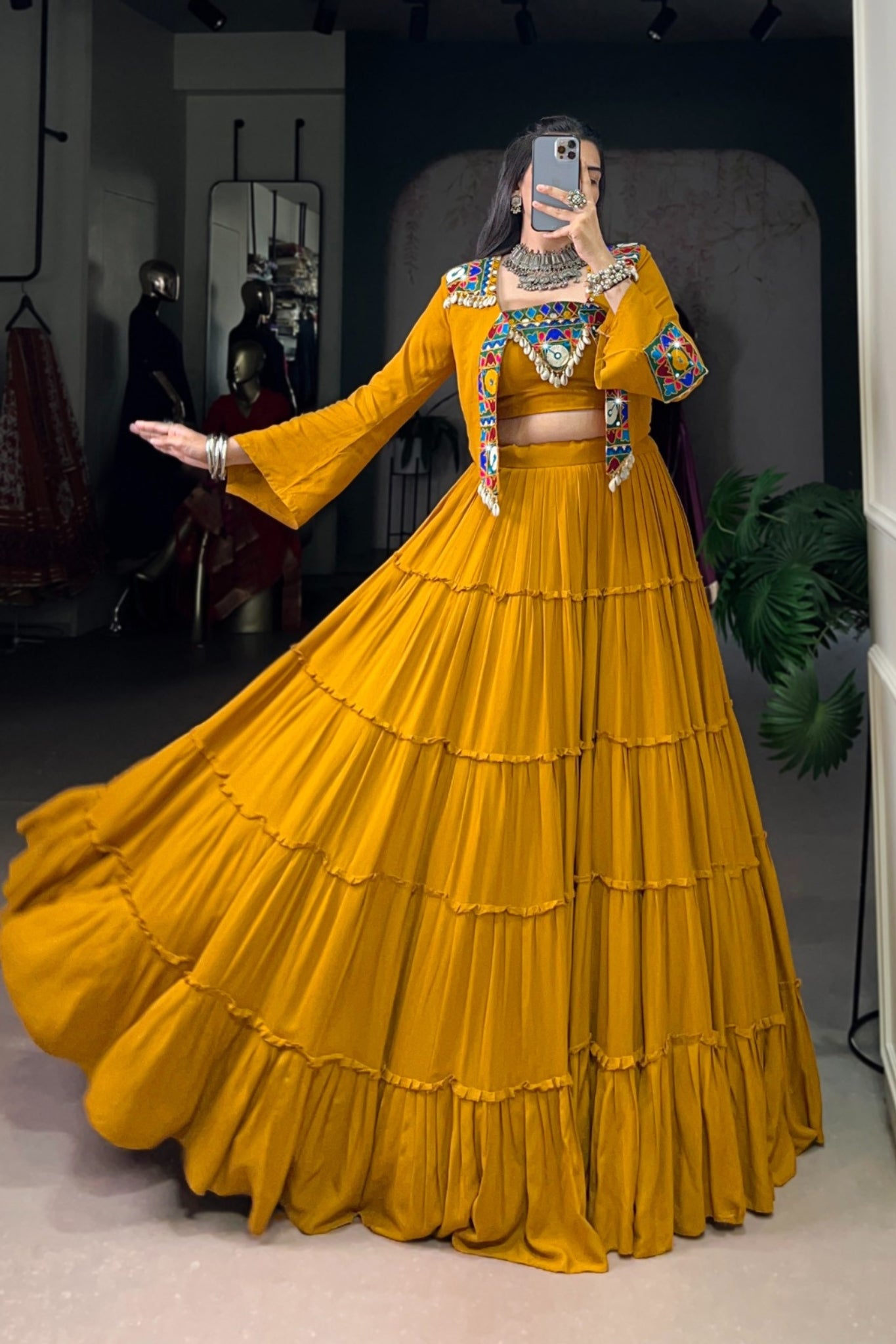 Pure Rayon Mirror Gamthi Work Navratri Lehenga Choli Set