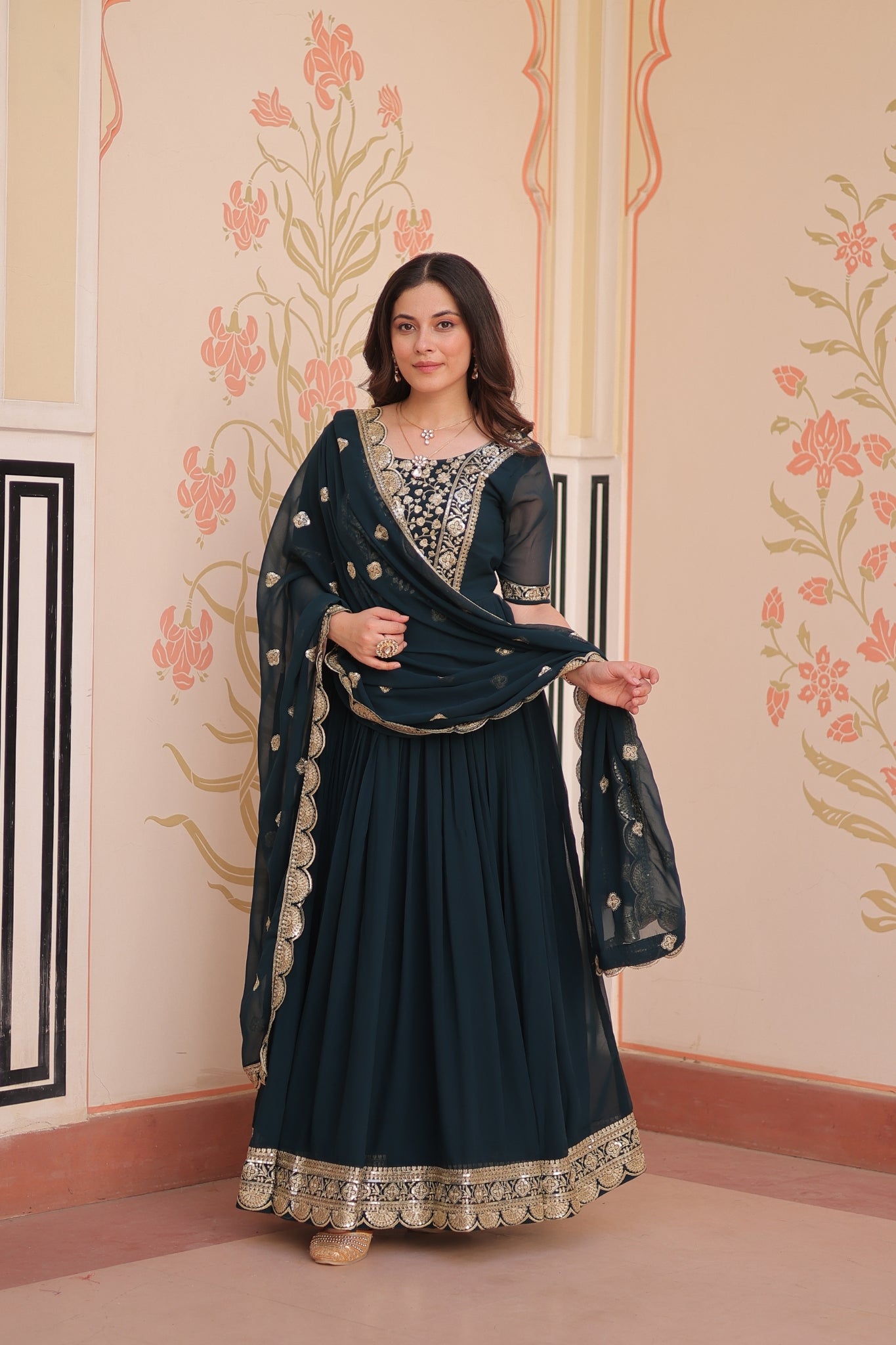 Embroidery Zari Sequins Work Designer Gown With Dupatta Set