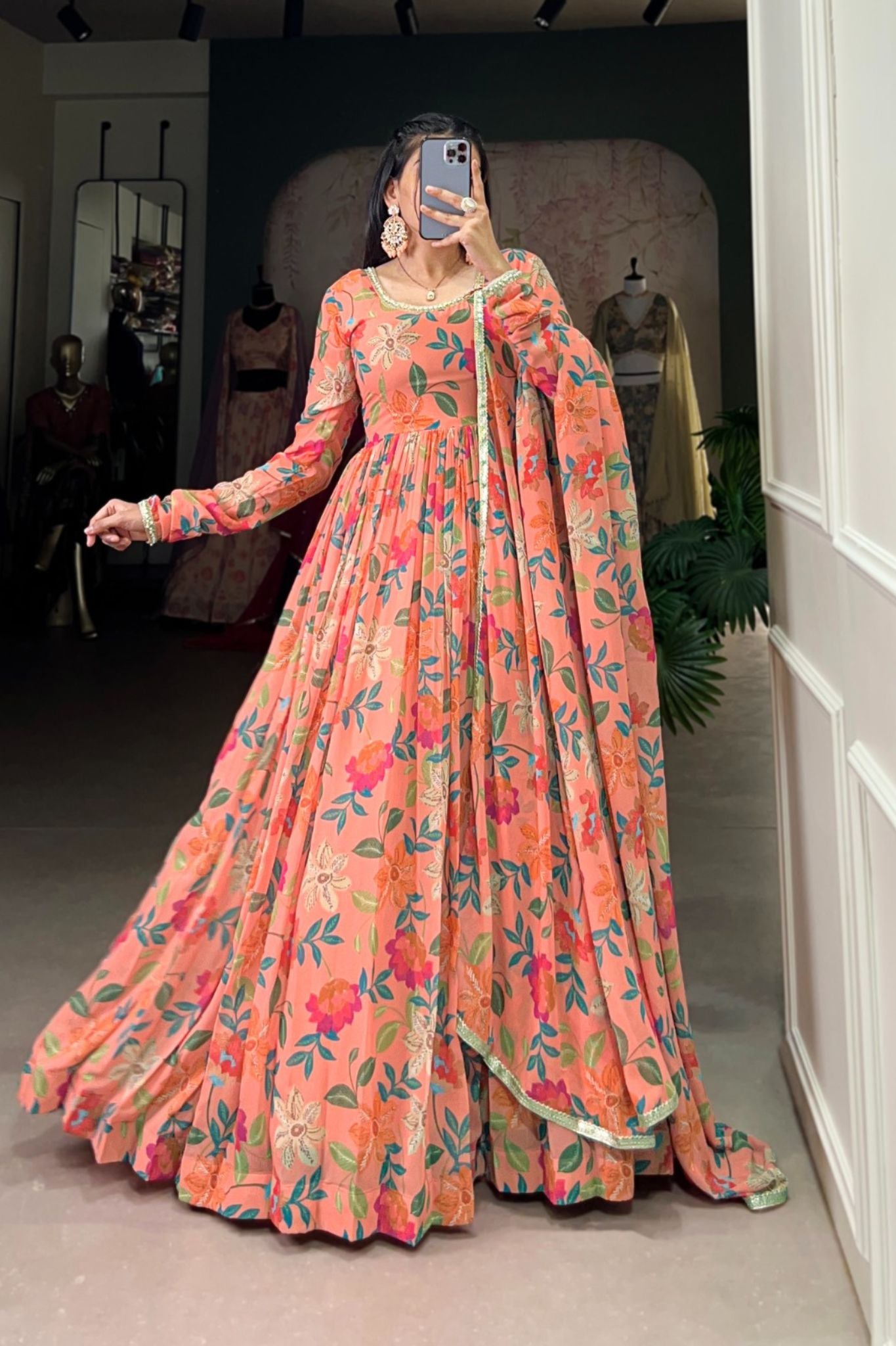 Georgette Floral Printed Peach Anarkali Set