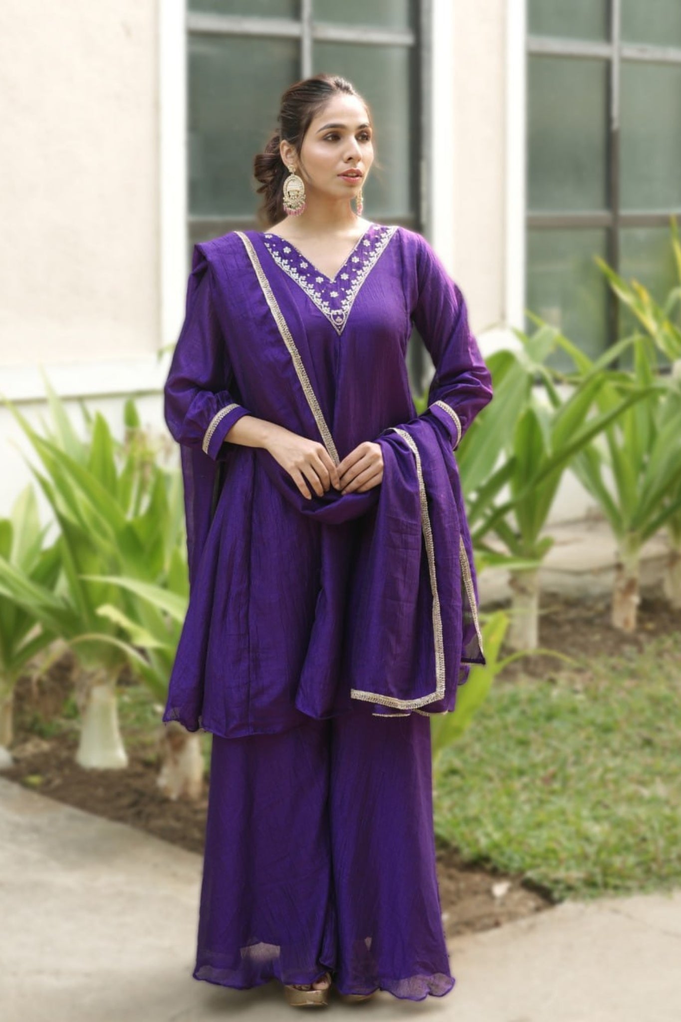 Royal V-Neck Embroidered Palazzo Suit Set With Designer Dupatta For Festive And Wedding Wear