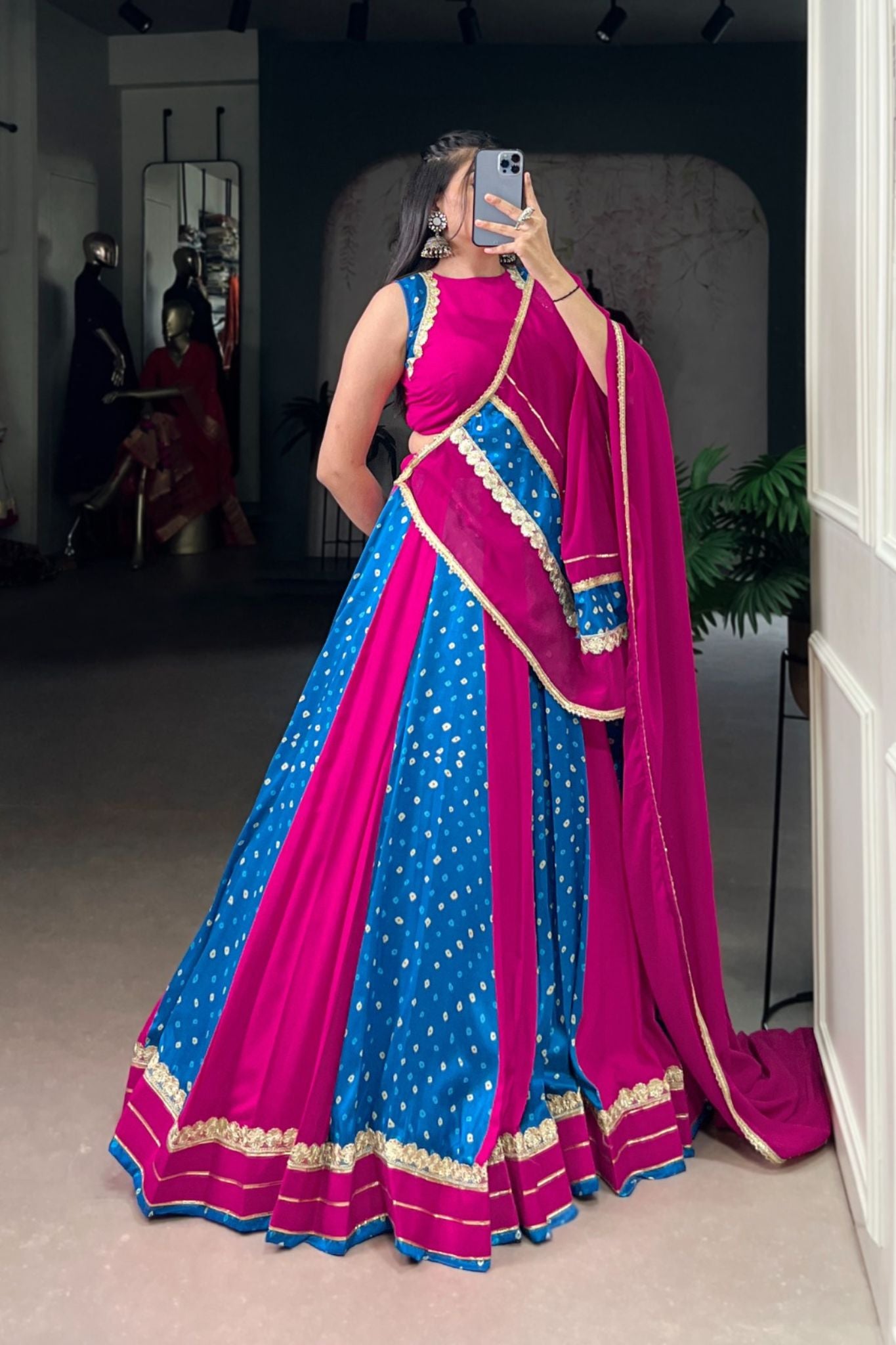 Pink And Blue Designer Bandhej Print Beautiful Lehenga Choli