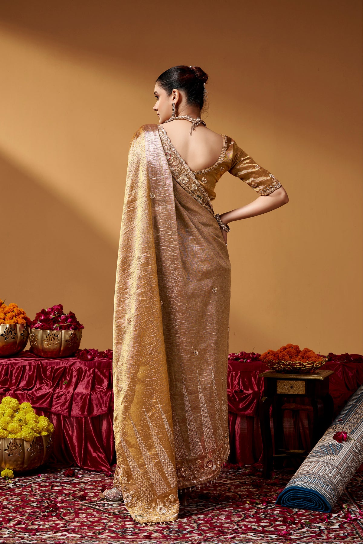 Kanjivaram Zari Tissue Designer Hand Embroider And Tube Beads Wedding Saree