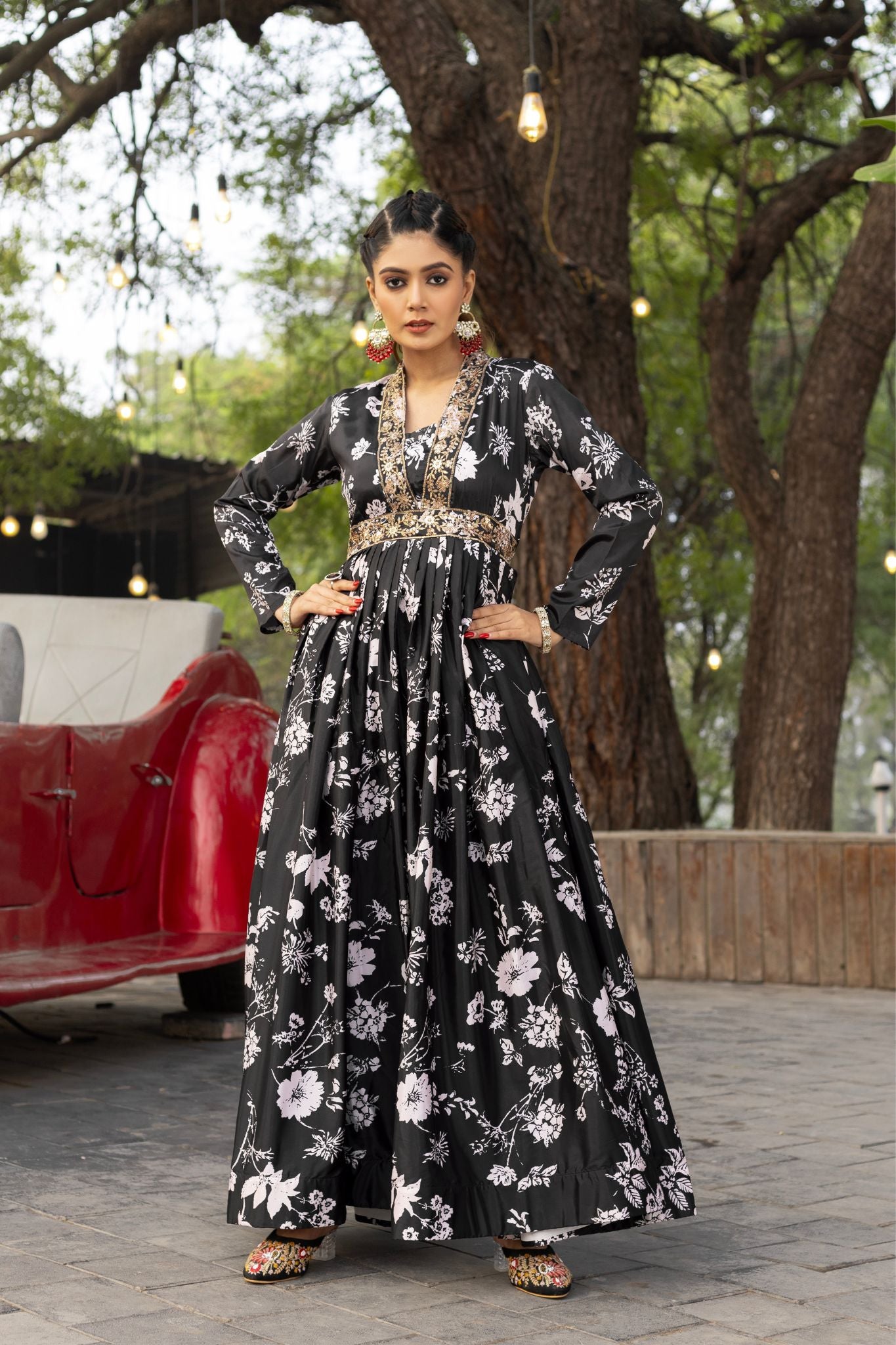 Black Sequins Embroidered With Printed Gown