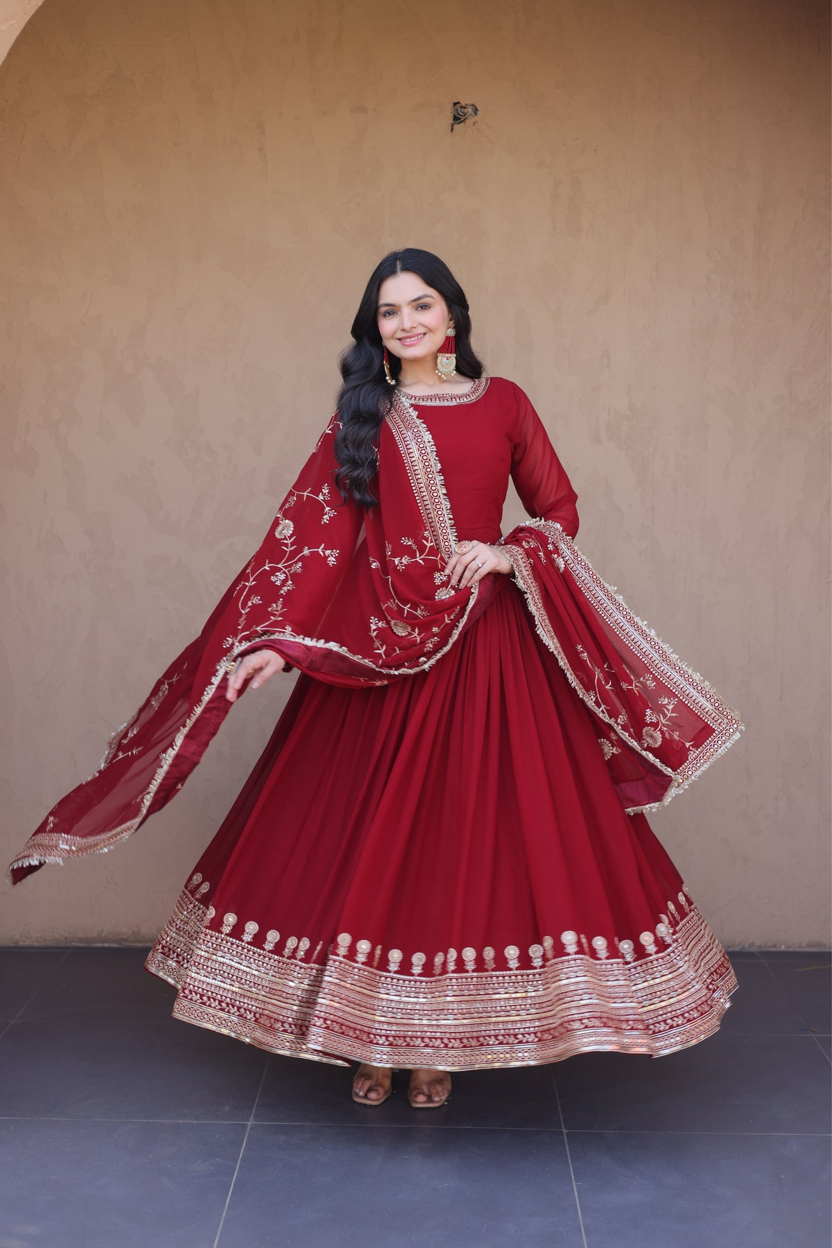 Maroon Designer Anarkali Gown with Dupatta Set