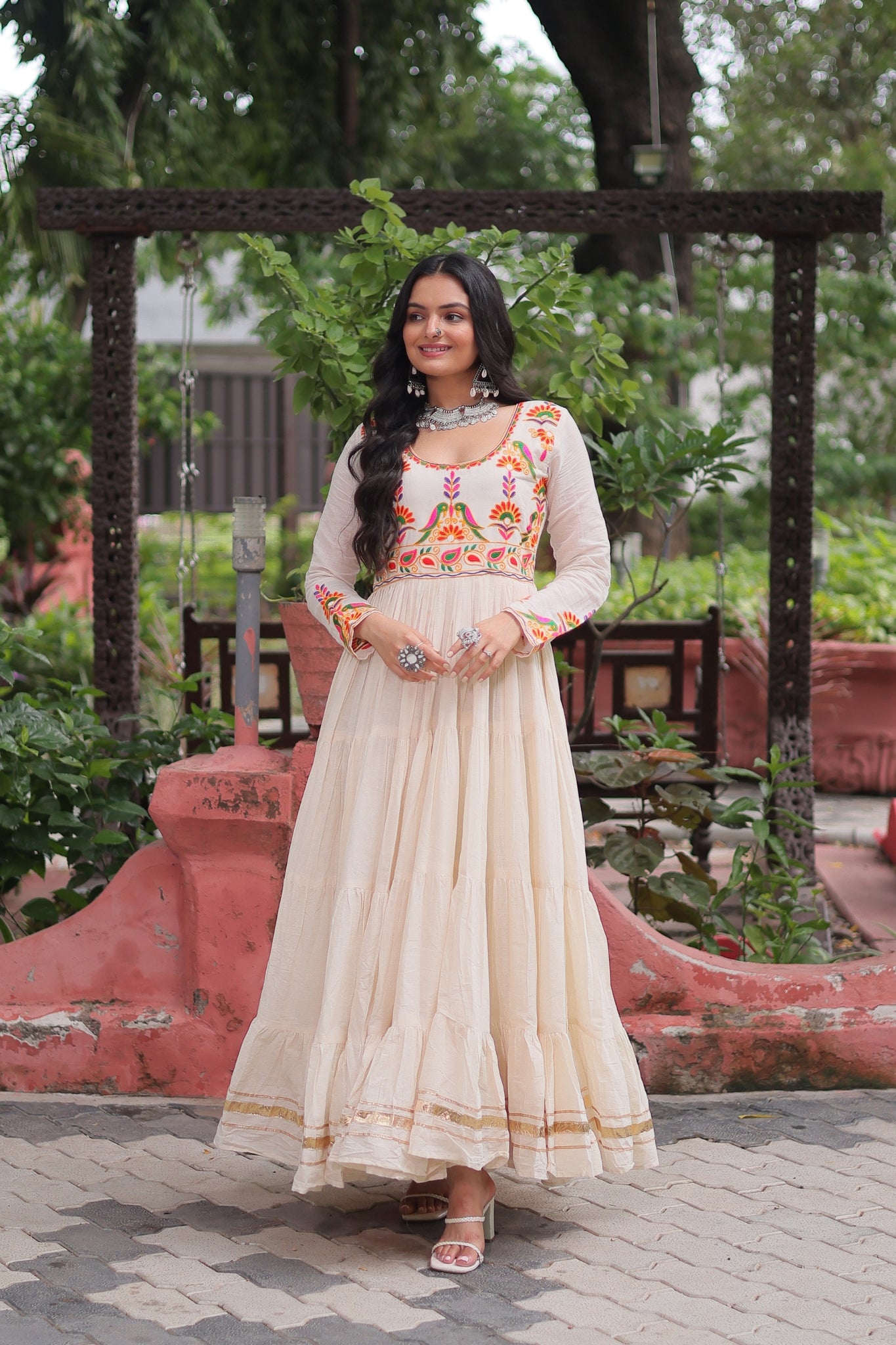 Off White Navratri Designer Multi Thread Embroidered With Gota Patti Work Cotton Gown