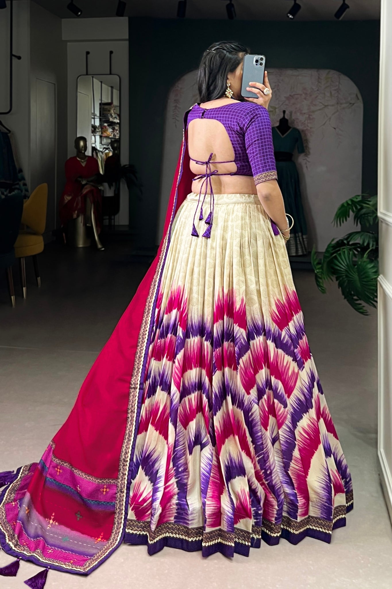 Tasar Silk Tie Dye Lehenga Set With Printed Dupatta And Chex Blouse