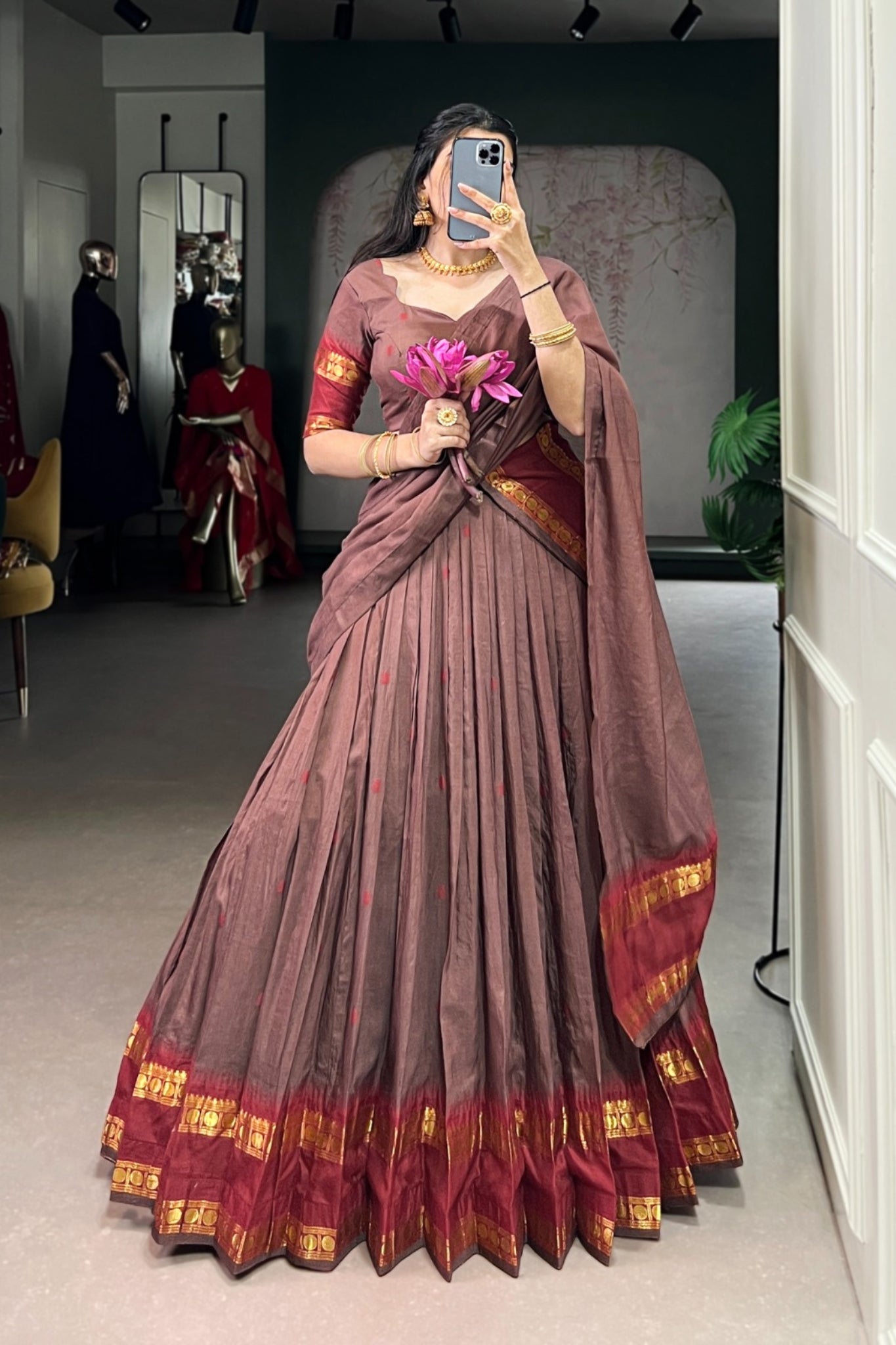 Pure Chanderi Zari Weaving Work South Indian Lehenga Choli
