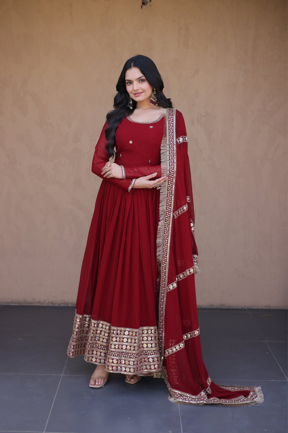 Designer Faux Blooming Anarkali Gown With Dupatta Set