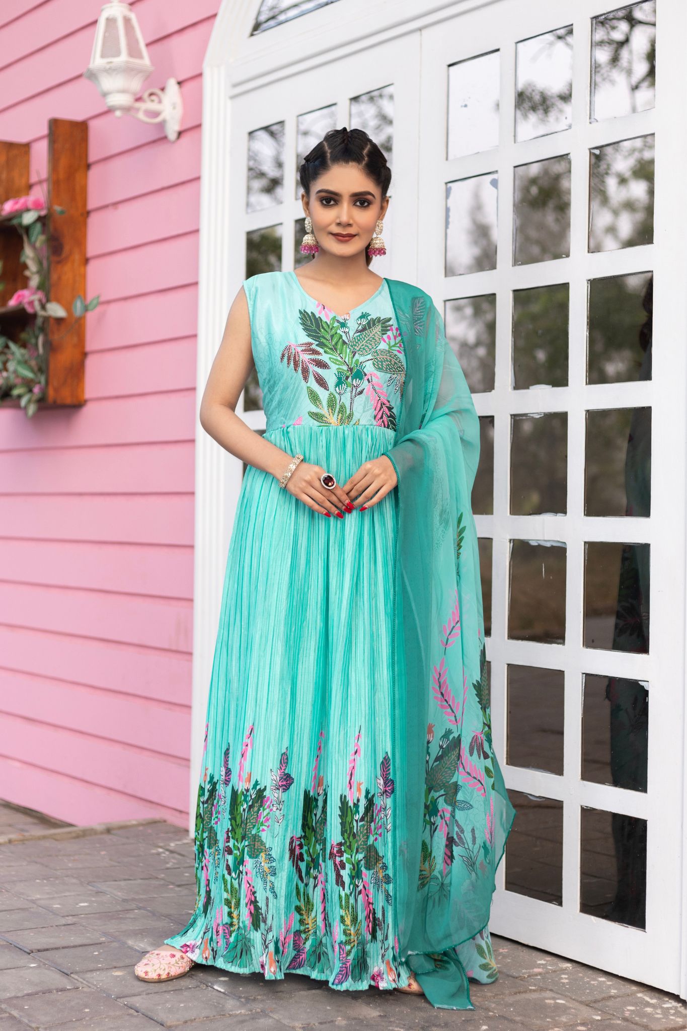 Stunning Printed Chinon Gown With Dupatta Set