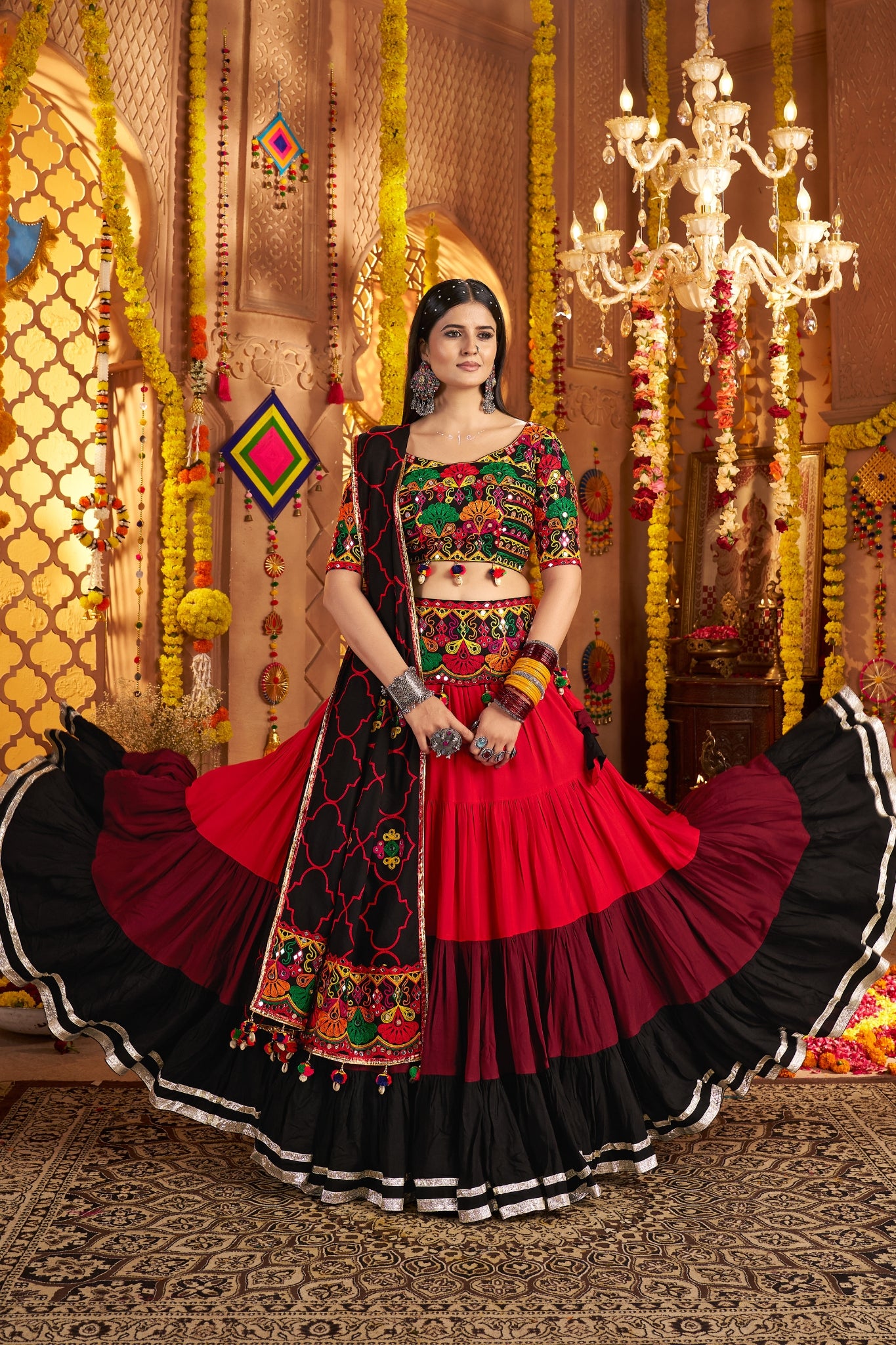 Festive Designer Viscose Cotton Multi Tread With Mirror Work Traditional Navratri Lehenga Choli